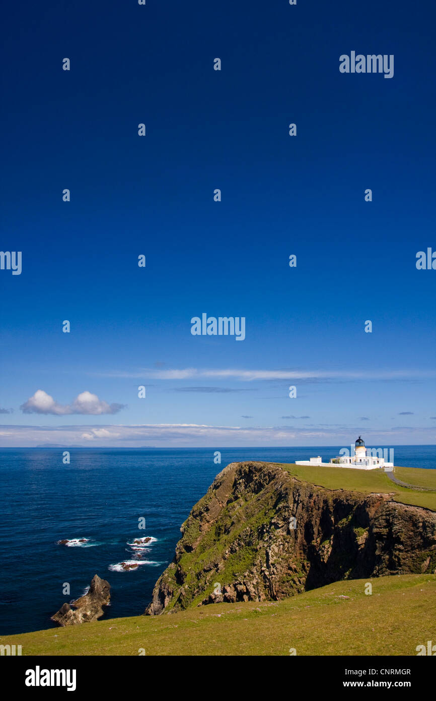 northern coast of Fair Isle with lighthouse, United Kingdom, Scotland, Shetland Islands, Fair Isle Stock Photo
