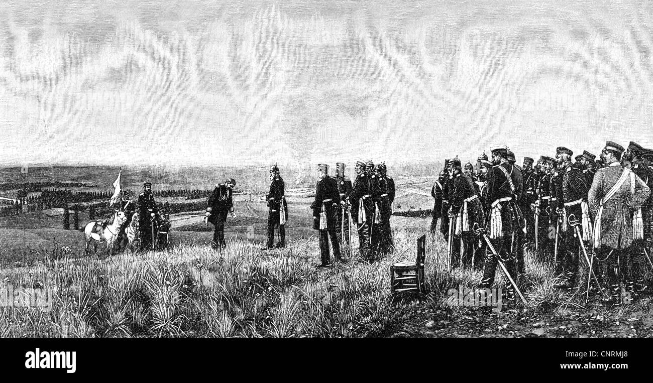 events, Franco-Prussian War 1870 - 1871, Battle of Sedan, 1.9.1870, general Andre Reille deliverering the letter of Emperor Napoleon III to King William I of Prussia, wood engraving after painting by Anton von Werner, circa 1883, surrender, general staff, Germany, France, 19th century, Franco - Prussian, historic, historical, people, Additional-Rights-Clearences-Not Available Stock Photo