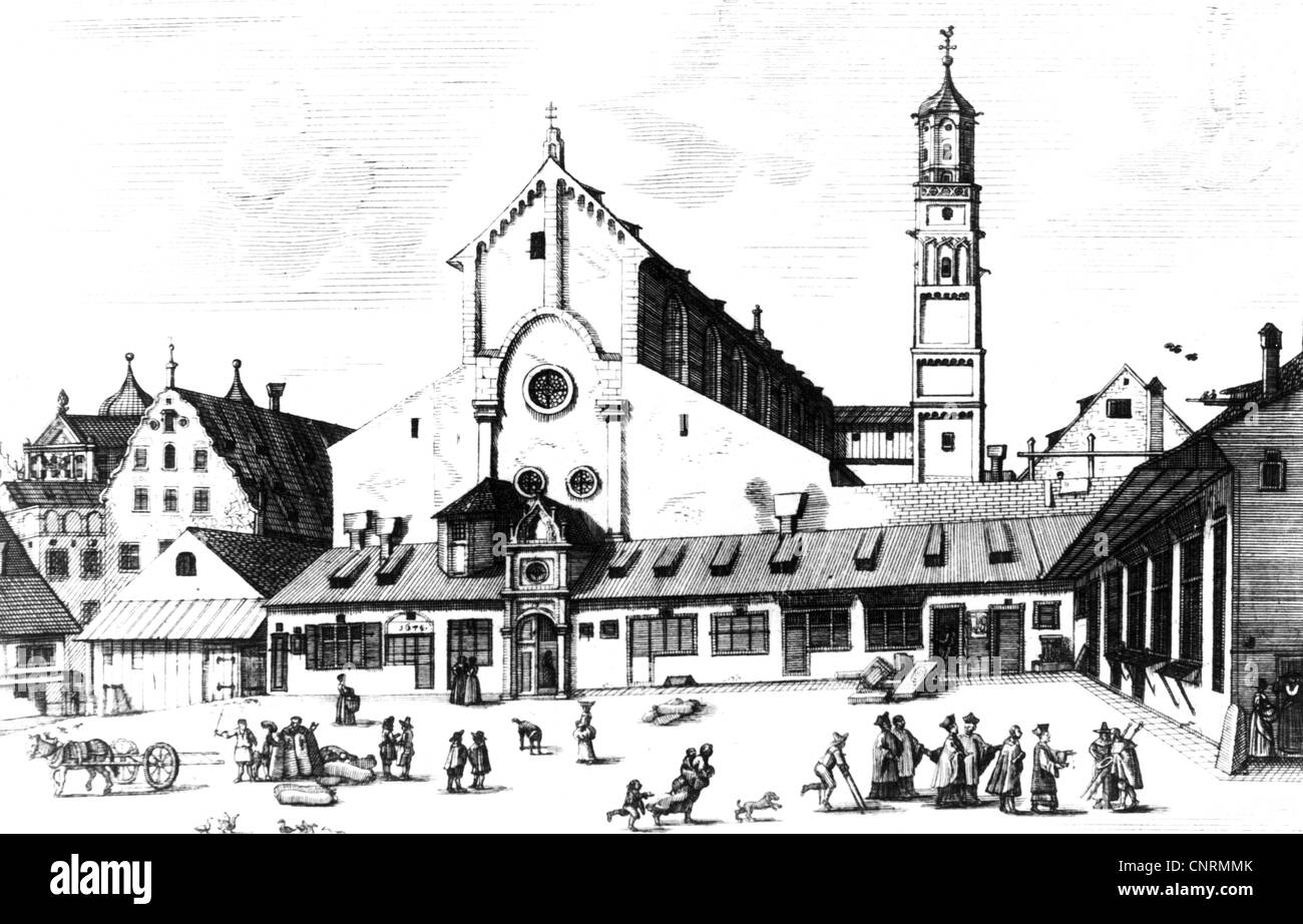 geography / travel, Germany, Augsburg, churches, collegiate church St. Moritz, built in 1019, copper engraving by Simon Grimm, 1687, Augsburg city library, 17th century, building, buildings, architecture, historic, historical, people, Artist's Copyright has not to be cleared Stock Photo
