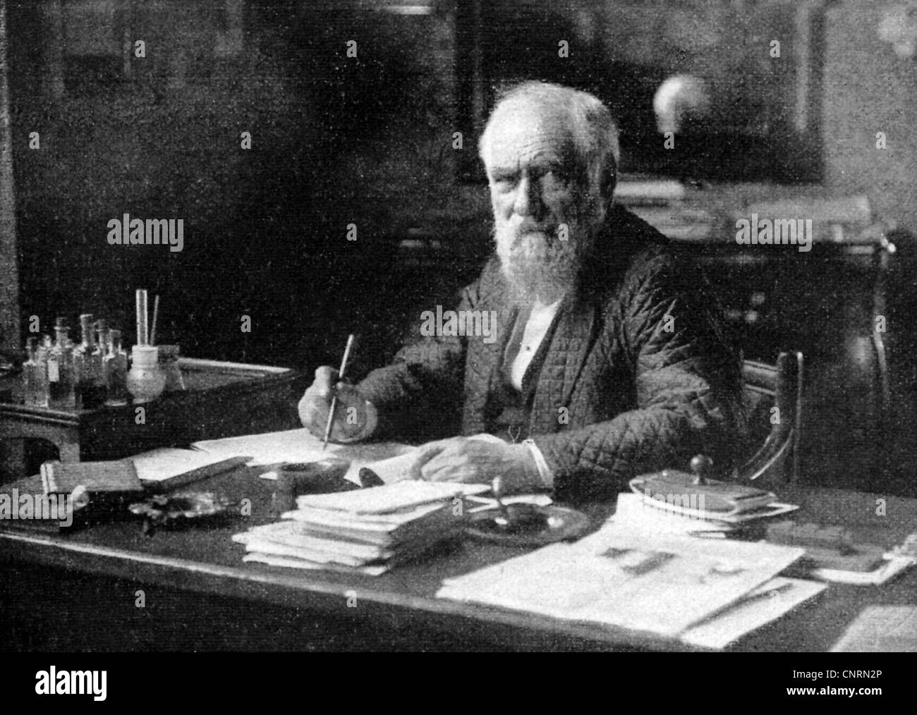 Pettenkofer, Max von, 3.12.1818 - 10.2.1901, German doctor (hygienist), half length, at his writing table, photograph by Friedrich Mueller, published in Vom Fels zum Meer, number 26, 1901, Stock Photo
