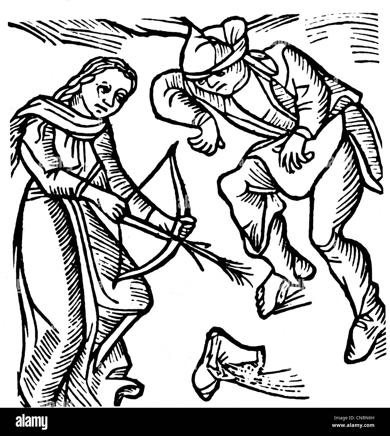 witches, a witch bewitching a man, woodcut, 'Tractatus de lamiis et phitonicis mulieribus' ('Of Witches and Diviner Women') by Ulrich Molitor, Ulm, 1489, Additional-Rights-Clearences-Not Available Stock Photo