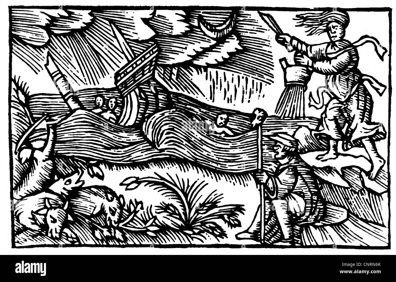 witches, witches brewing a storm, woodcut, 'Historia de Gentibus Septentrionalibus' of Olaus Magnus, Rome, 1555, Additional-Rights-Clearences-Not Available Stock Photo