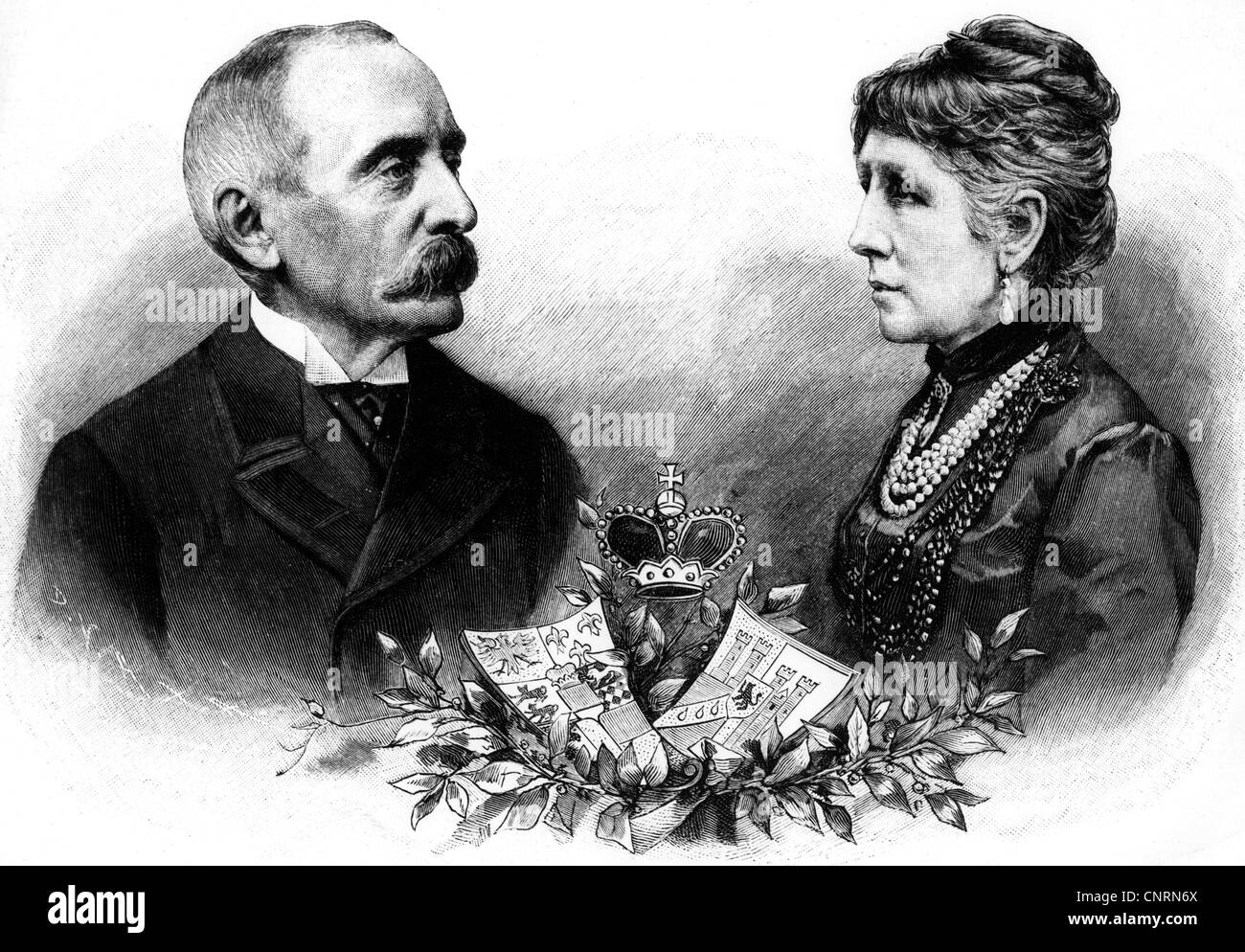 Hohenlohe-Schillingfuerst, Chlodwig Prince of, 31.3.1819 - 6.7.1901, German politician, with wife Marie, wood engraving, 1897, , Stock Photo