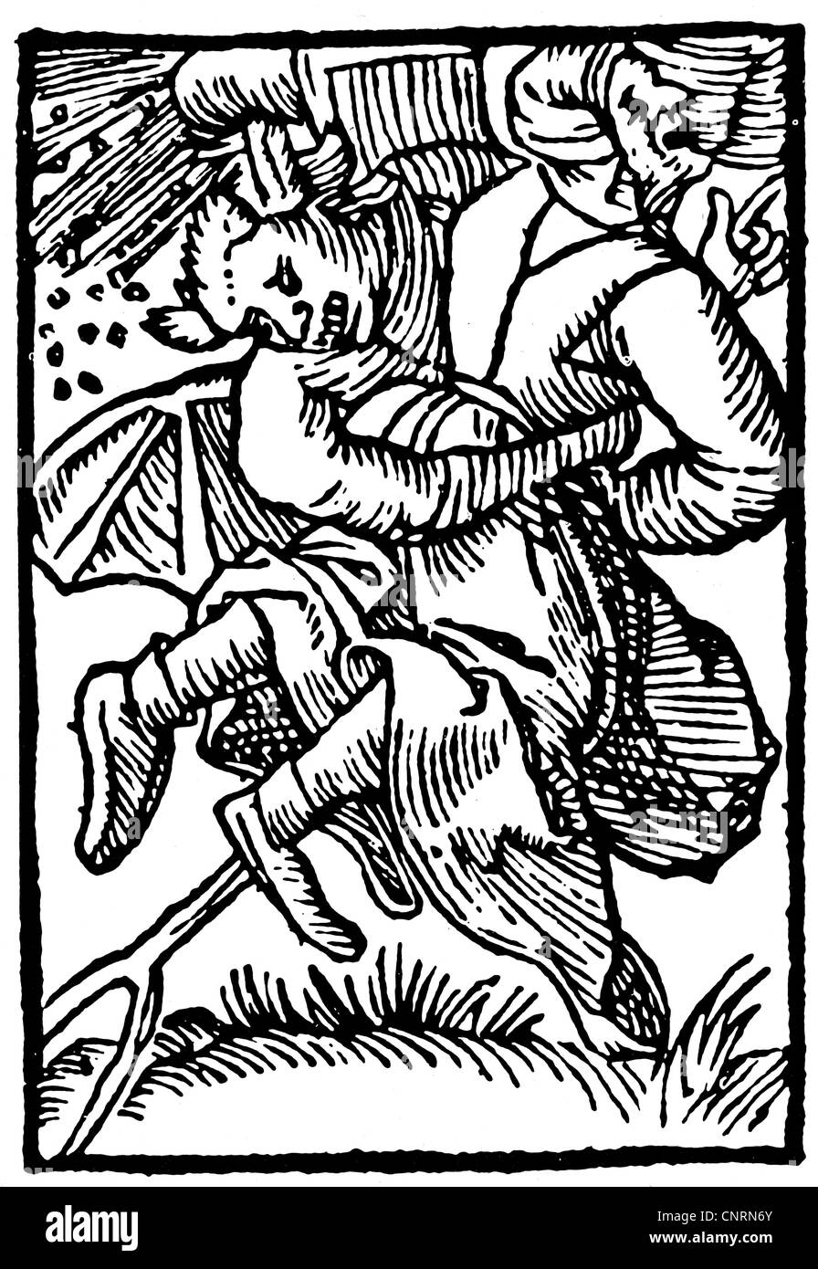 witches, witch and devil flying to the sabbath, woodcut, 'Tractatus de lamiis et phitonicis mulieribus' ('Of Witches and Diviner Women') by Ulrich Molitor, Ulm, 1489, Additional-Rights-Clearences-Not Available Stock Photo