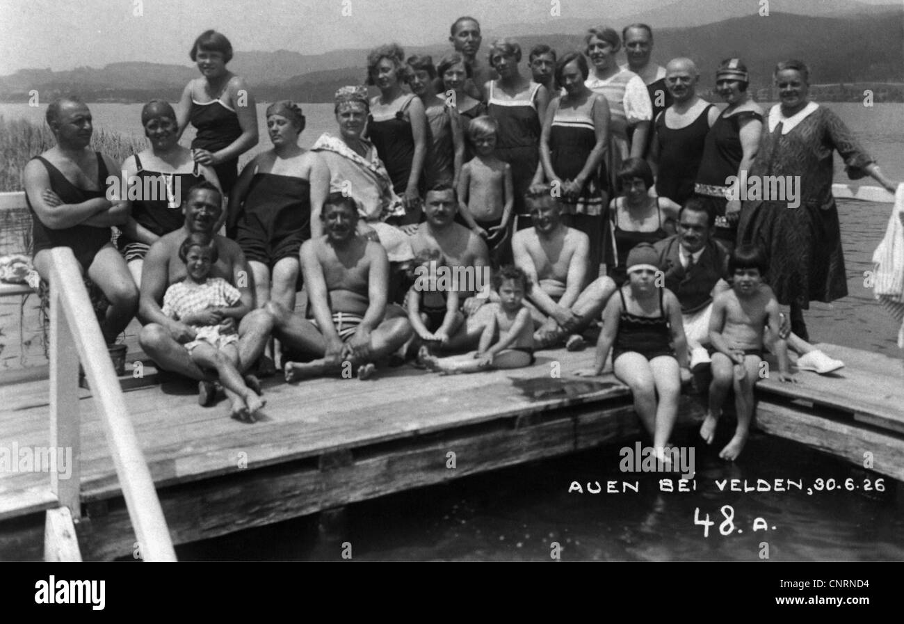 bathing, open air bath, Velden am Woerther See, Carinthia, Austria, group picture, 30.6.1928, Additional-Rights-Clearences-Not Available Stock Photo