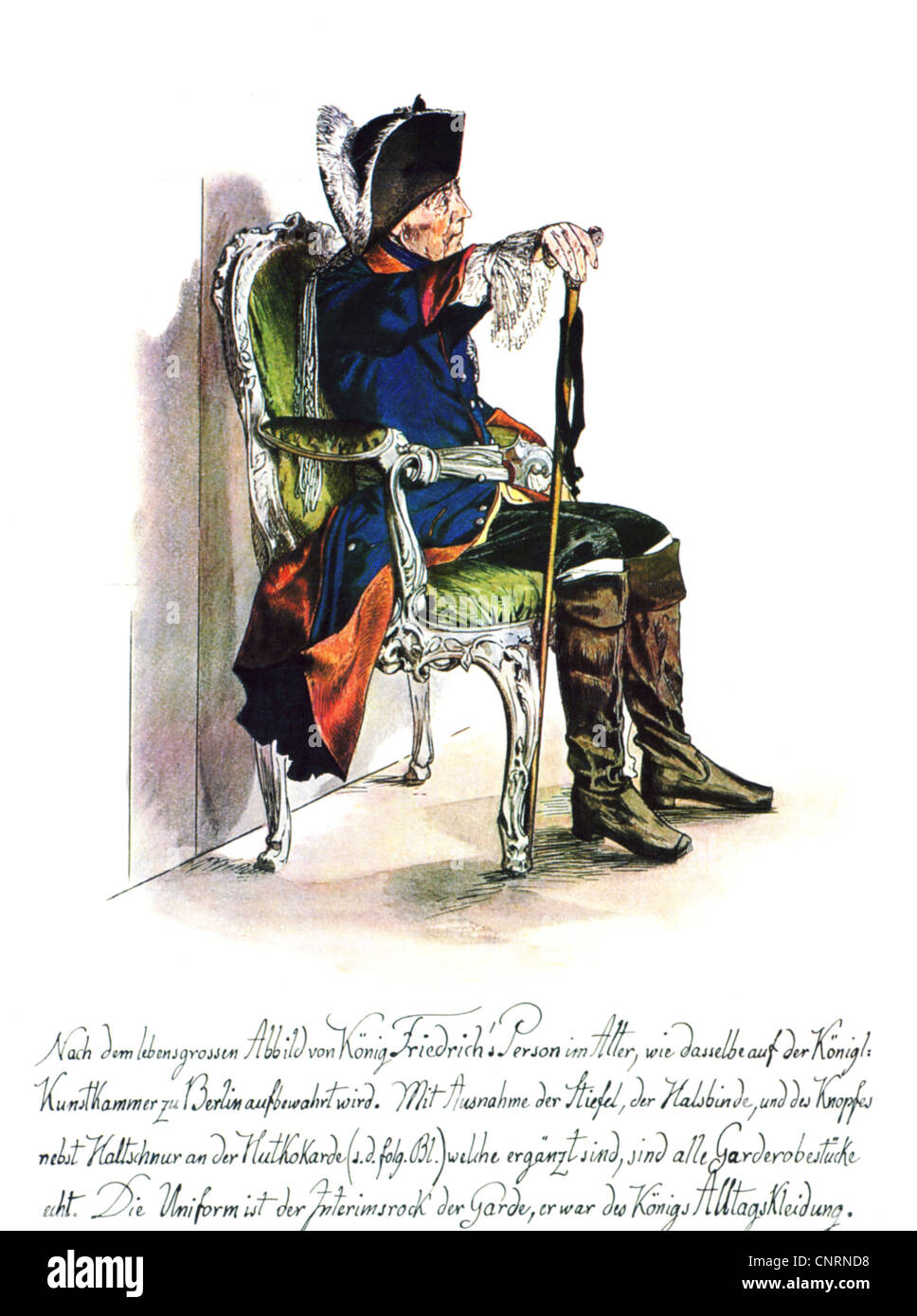 Frederick II 'the Great', 24.1.1712 - 17.6.1786, King of Prussia 31.5.1740 - 17.6.1786, sitting, coloured drawing of Adolph Menzel, 1851, after contemporary picture, Stock Photo