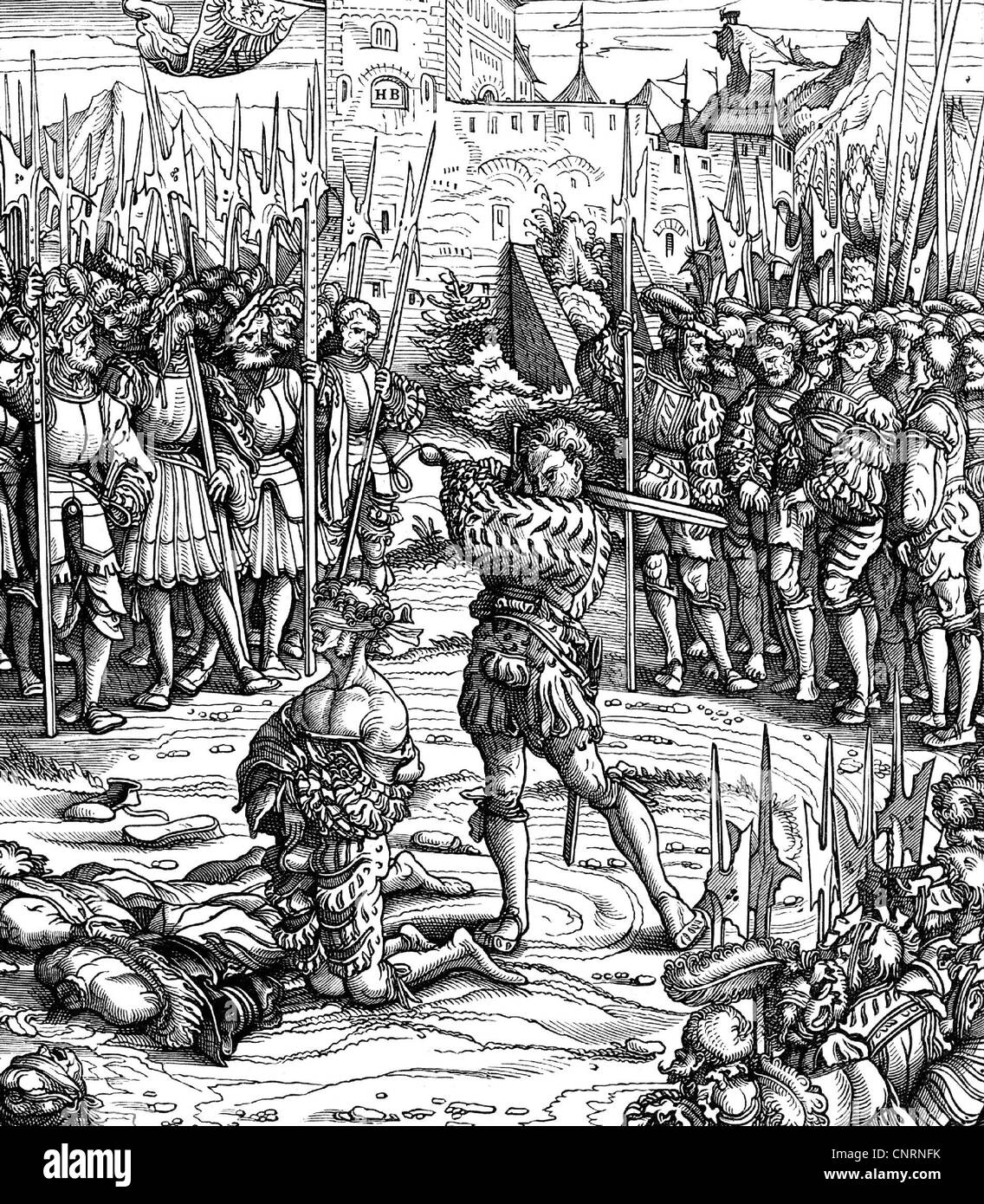 events, Landshut War of Succession 1503 - 1505, siege of Kufstein 1504, execution of Hans von Pienzenau, leader of the defenders, woodcut, by Hans Burgkmeier, 1513, Additional-Rights-Clearences-Not Available Stock Photo