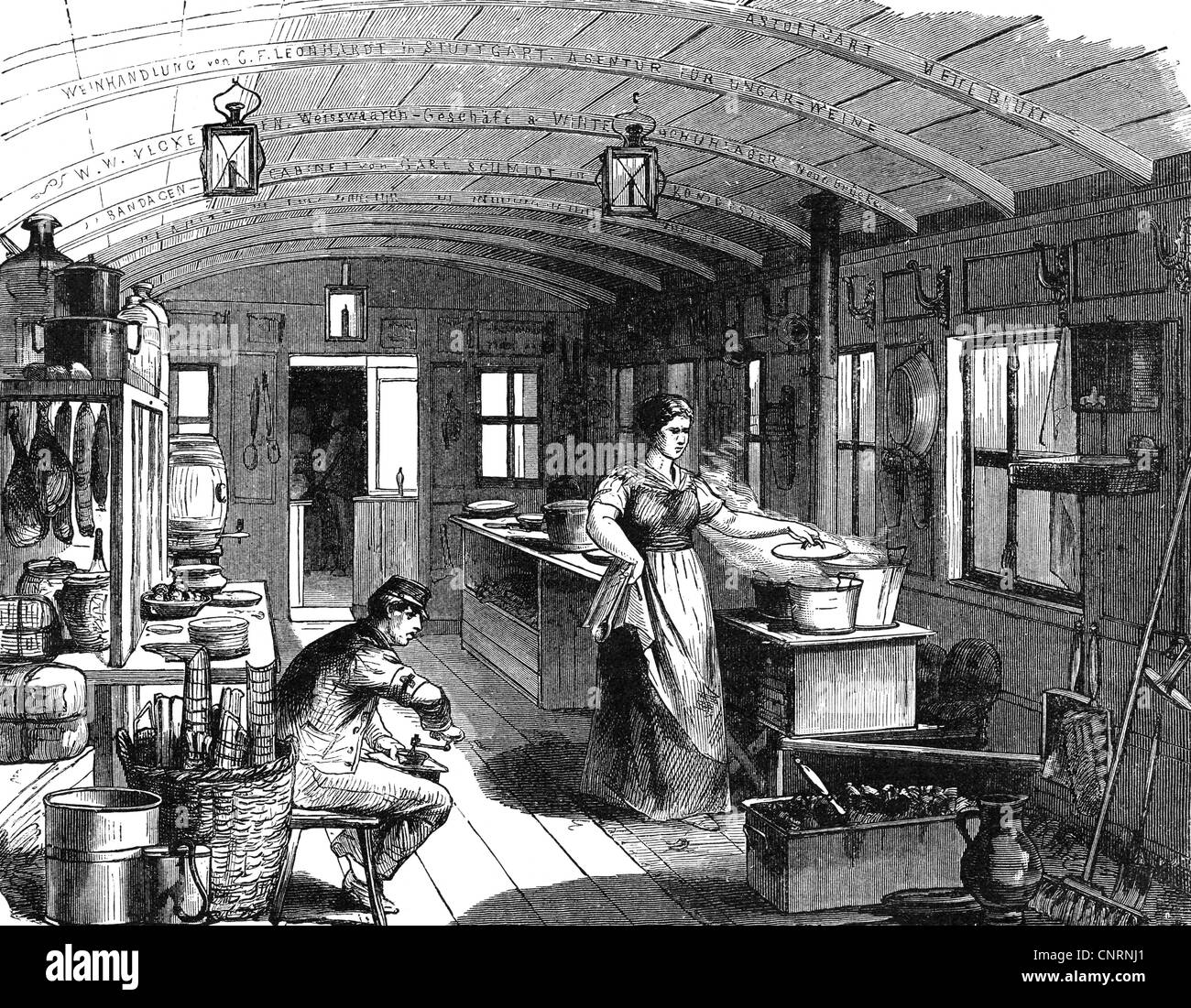 events, Franco-Prussian War 1870 - 1871, medical service, Wuerttemberg railway hospital, kitchen wagon, 1870, wood engraving, late 19th century, medicine, military, food, cook, Germany, Franco - Prussian, historic, historical, Wurttemberg, Württemberg, people, Additional-Rights-Clearences-Not Available Stock Photo