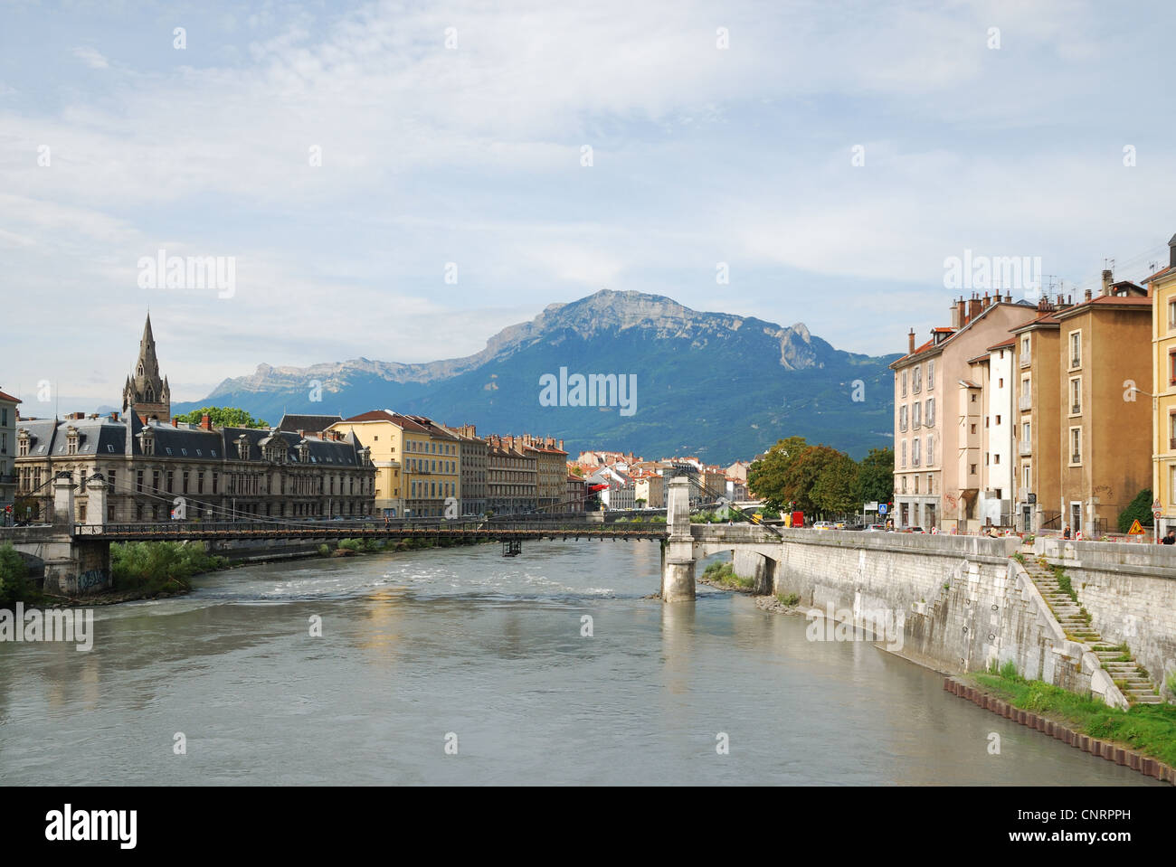 View of Grenoble with the wide river Isere. Stock Photo