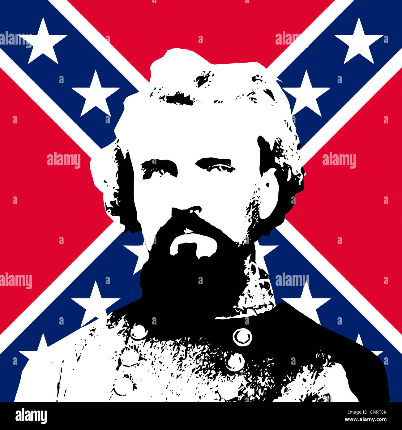 Vector artwork of General Nathan Forrest in front of the Confederate flag. Stock Photo