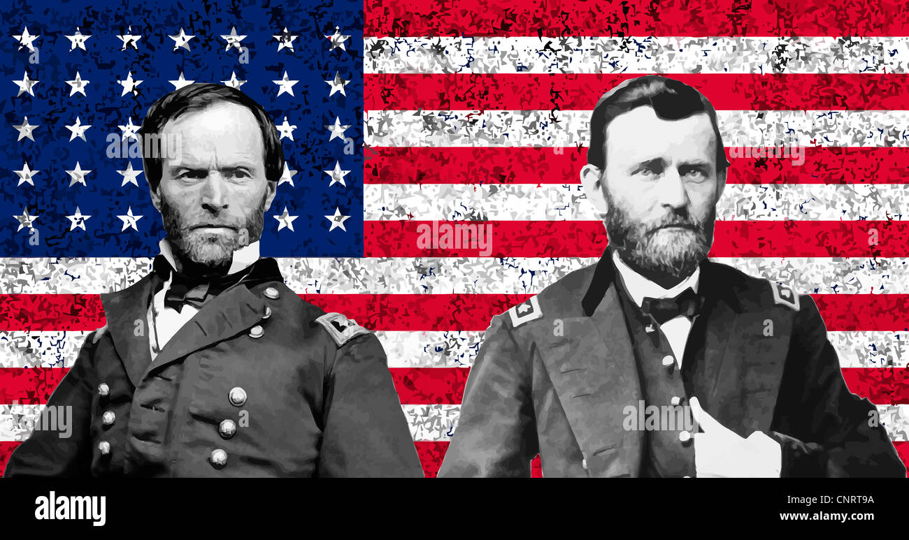 Vector artwork of General William Tecumseh Sherman and General Ulysses S. Grant in front of the American flag. Stock Photo