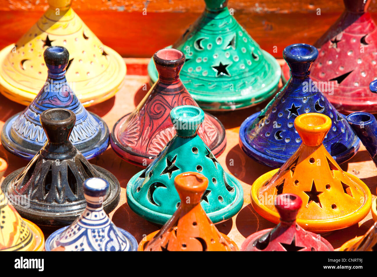 Tagines on a stand at a souk in Marrakech, Morocco, North Africa. Stock Photo