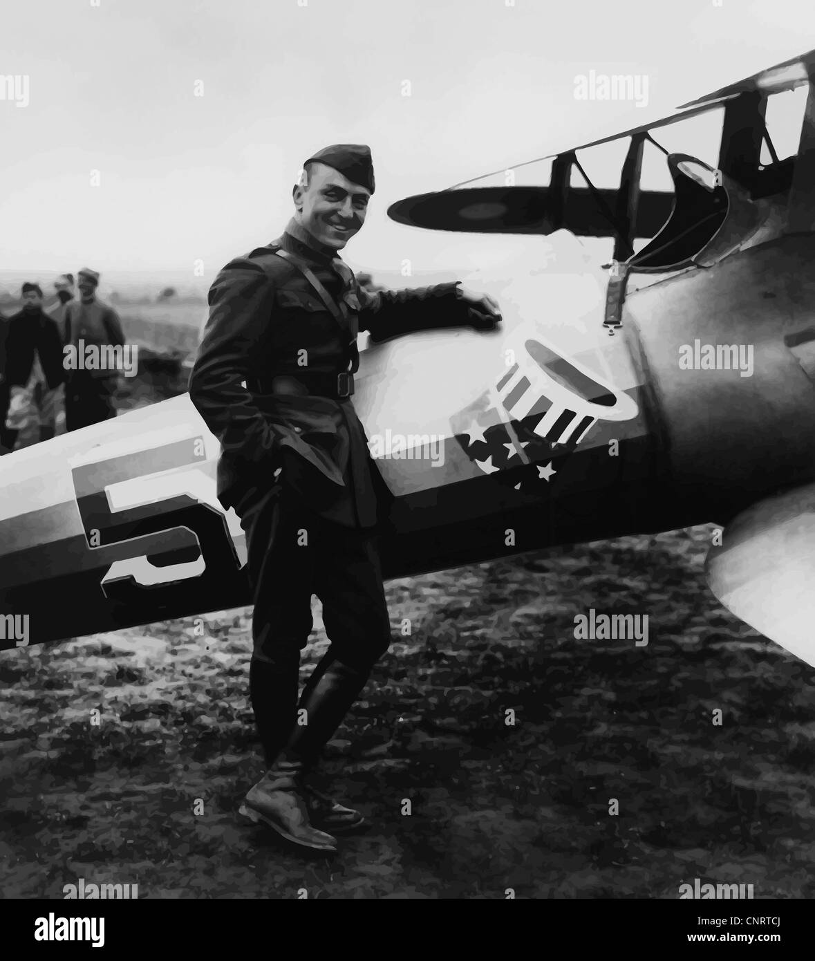 Digitally restored vector artwork of Eddie Rickenbacker standing next to his fighter plane. Stock Photo
