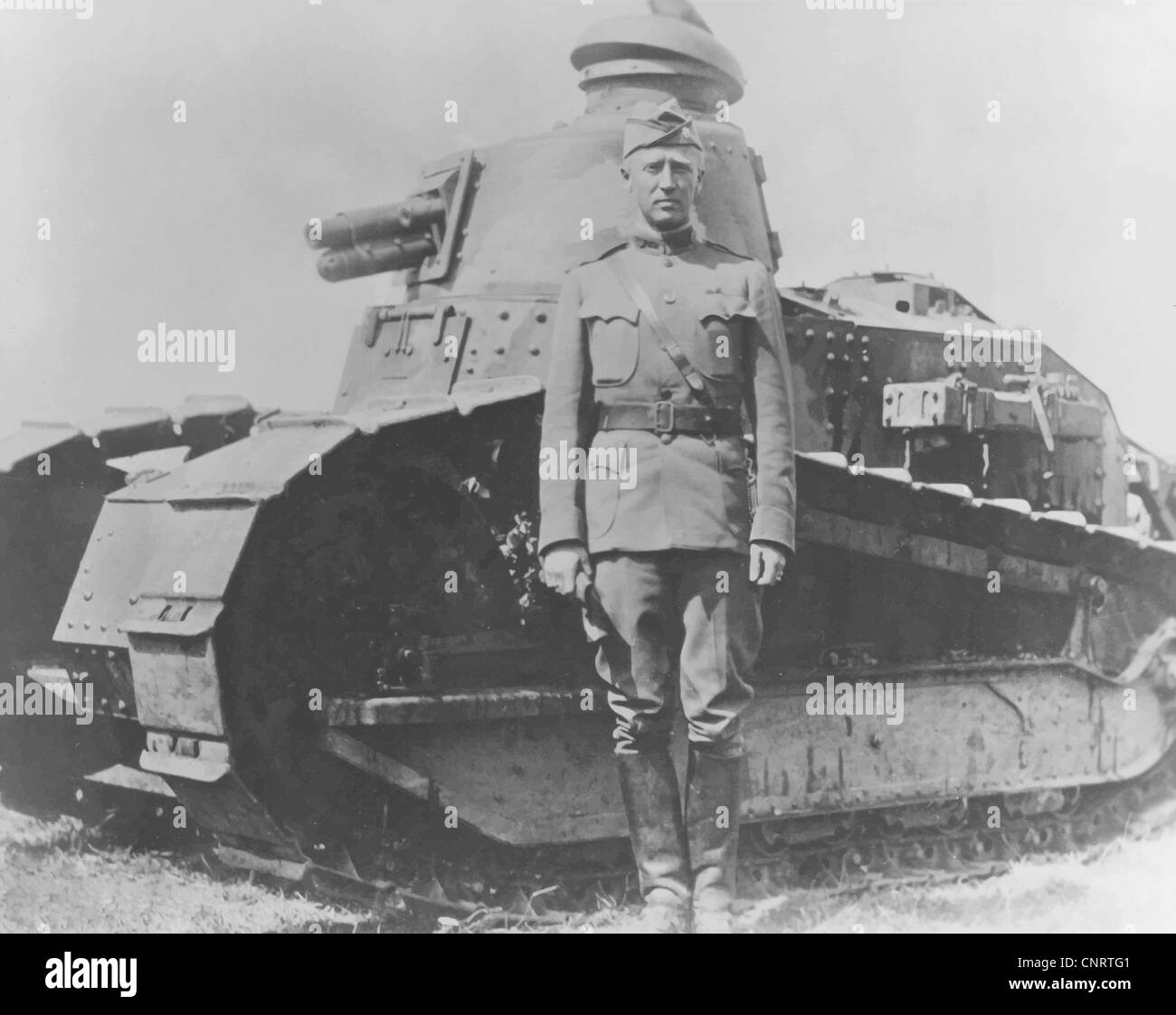 Digitally restored vector image of General George Smith Patton and a French Renault tank, summer 1918. Stock Photo
