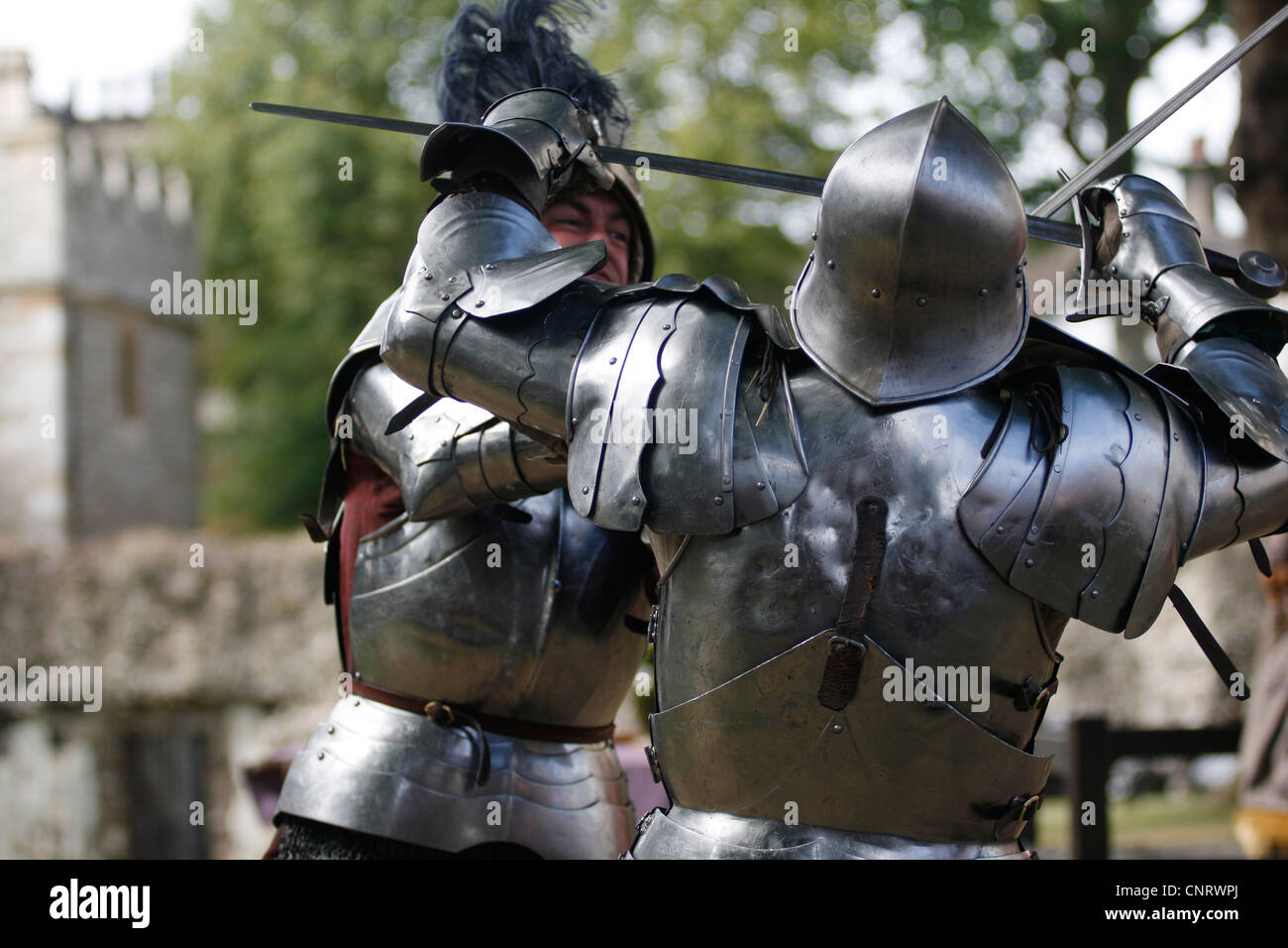 15 century replica armour  two knights dueling stock photo  alamy
