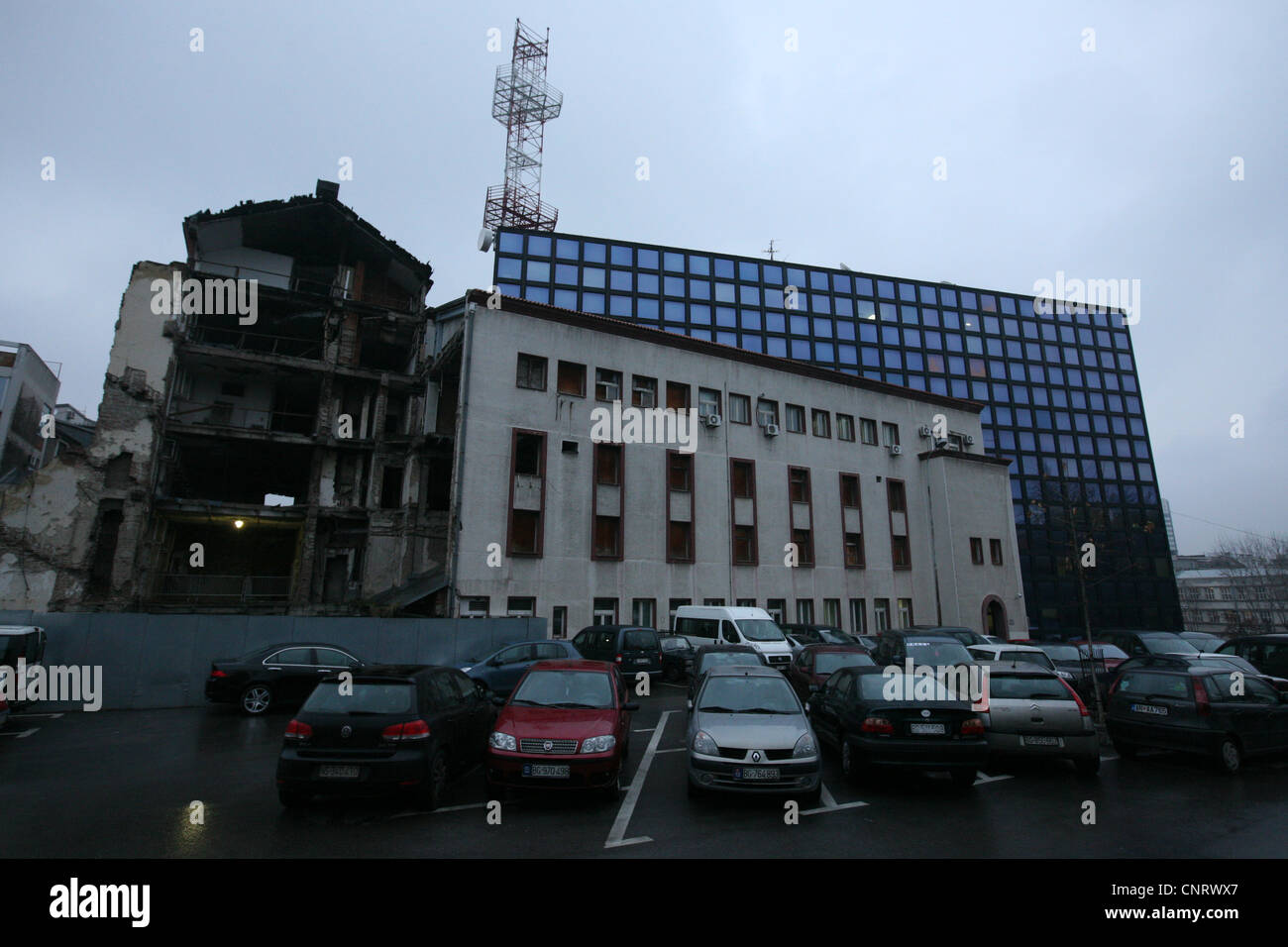 Building of RTS (the Radio Television of Serbia) destroyed by the NATO's aviation in Tasmajdan Park in Belgrade, Serbia. Stock Photo