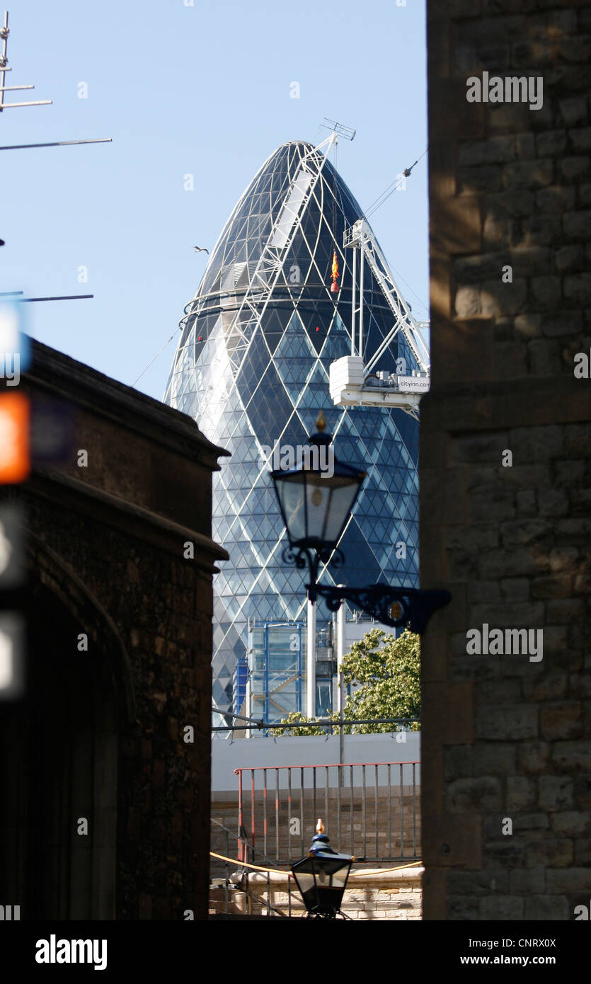 the Gherkin building, 30 St Mary Axe, viewed from the Tower of London Stock Photo