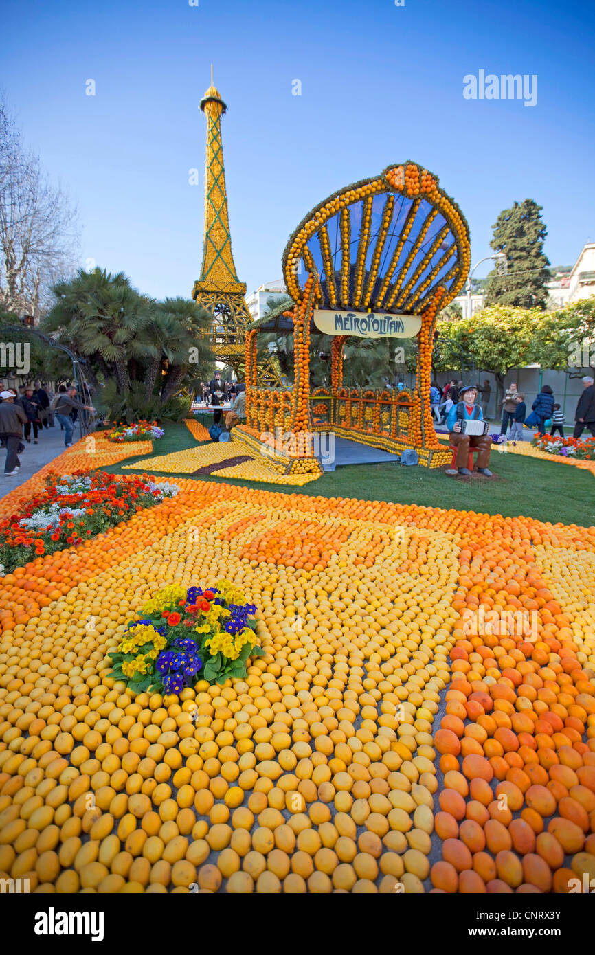 Oranges and lemons stucture at Menton Lemon Festival depicting Paris