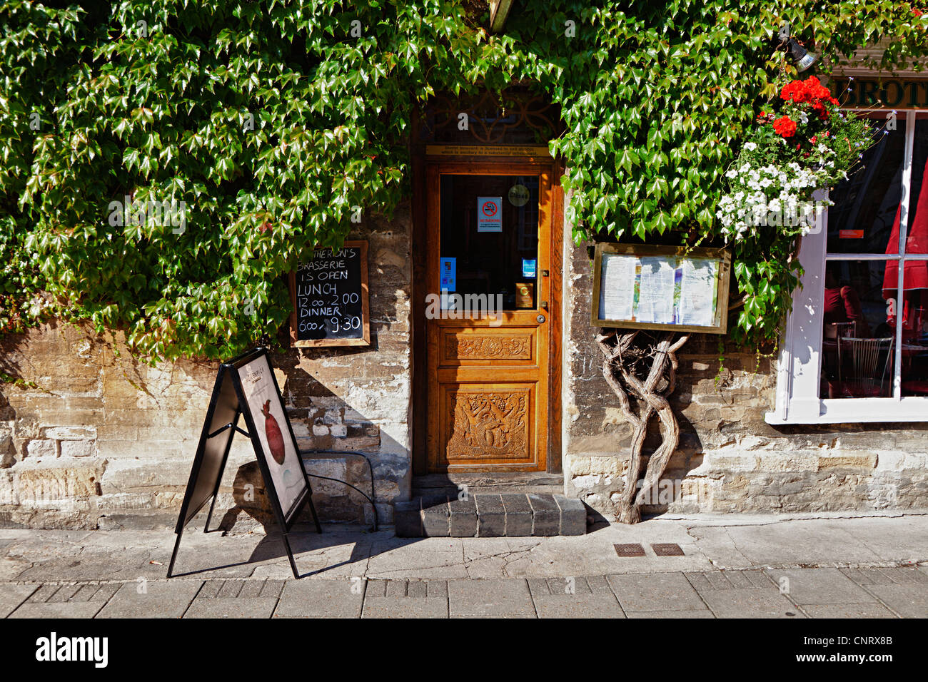 Old carved wooden door surrounded by Virginia creeper, Brothertons shop, Woodstock, Oxfordshire, UK Stock Photo