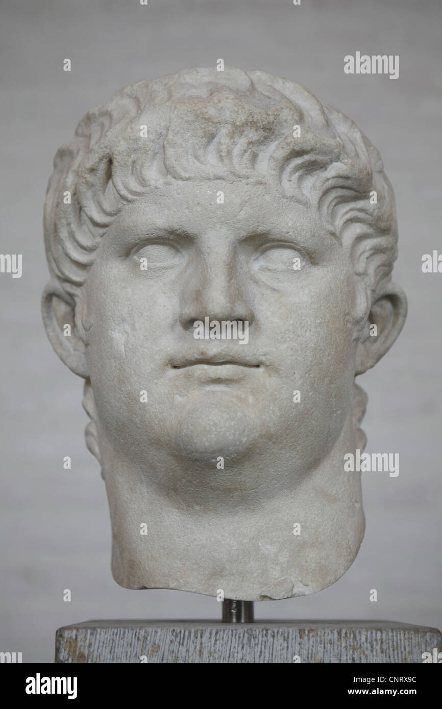 Head from the colossal statue of Roman Emperor Nero (reign 54-68 AD) on display in the Glyptothek Museum in Munich, Bavaria, Germany. Stock Photo