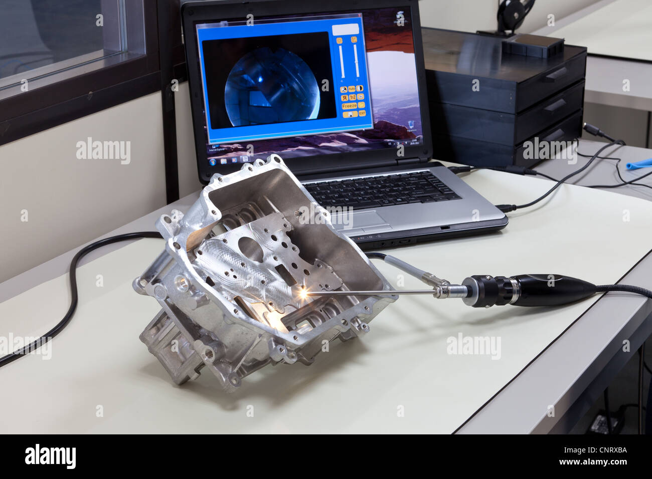 Video endoscopy. Test station with a video endoscope and a notebook