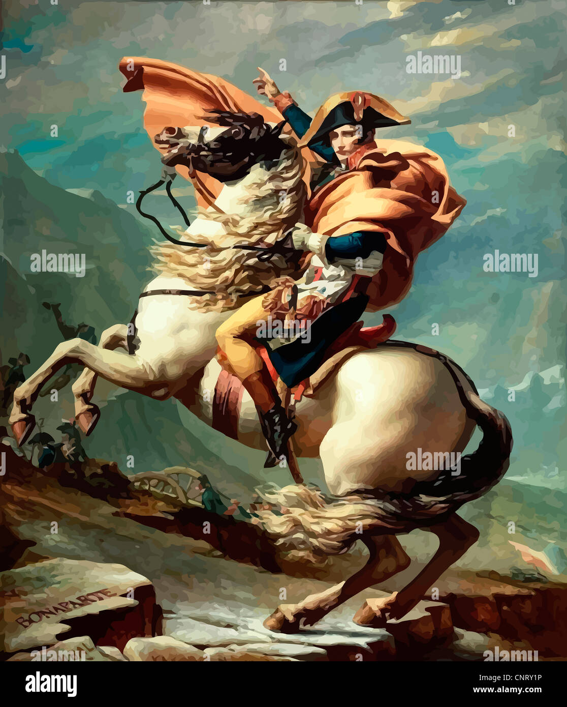 Digitally restored vector painting of Napoleon Bonaparte on his horse. Stock Photo