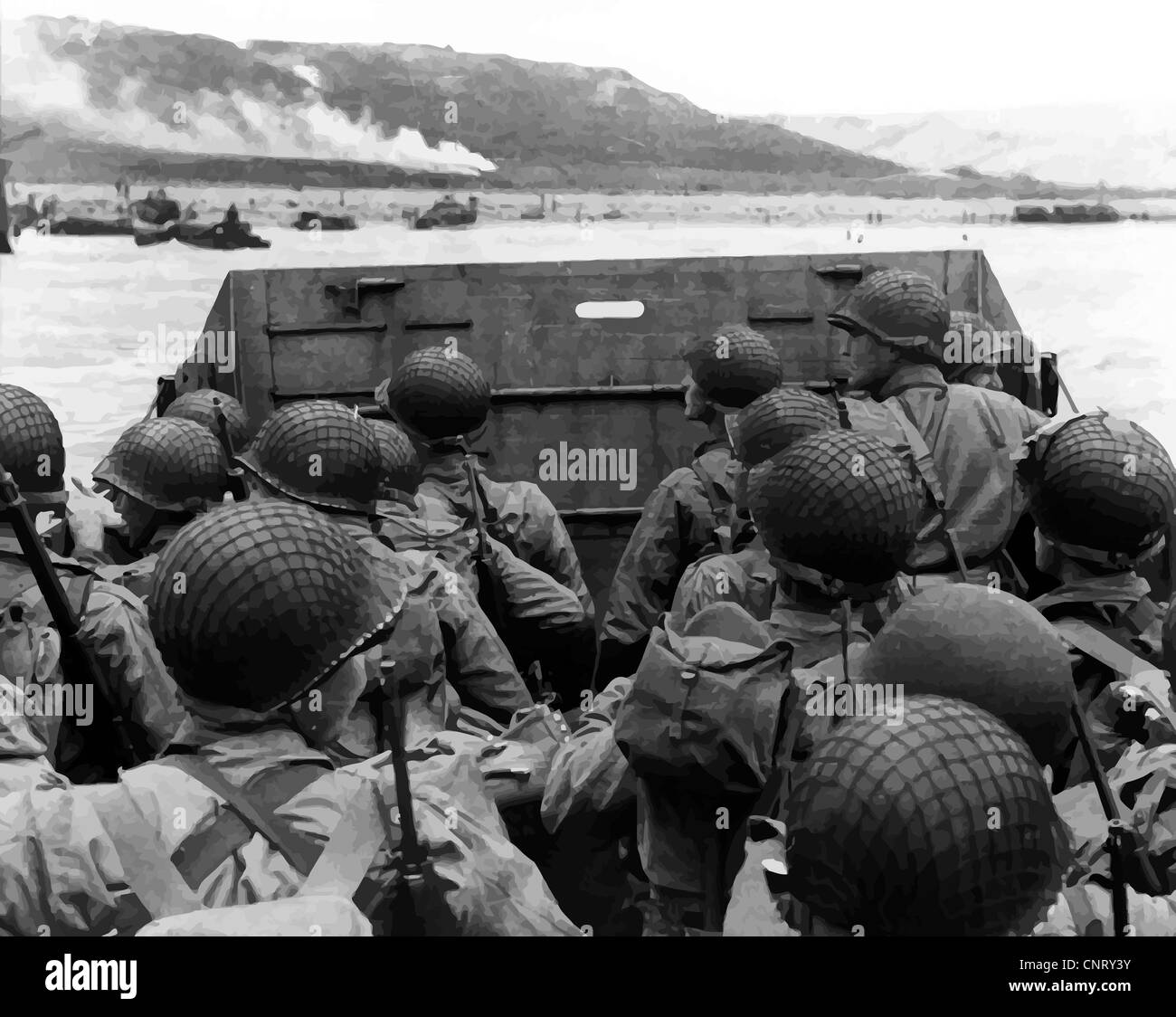 Digitally restored vector photo of American troops in a landing craft approaching Omaha Beach on D-Day, June 6th 1944. Stock Photo