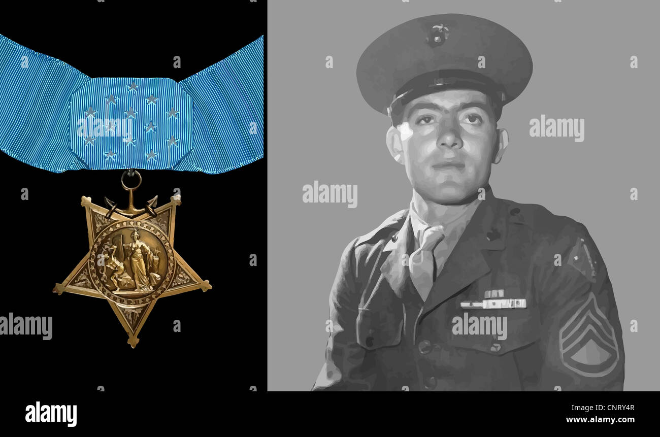 Digitally restored vector portrait of Gunnery Sergeant John Basilone and the Medal of Honor. Stock Photo
