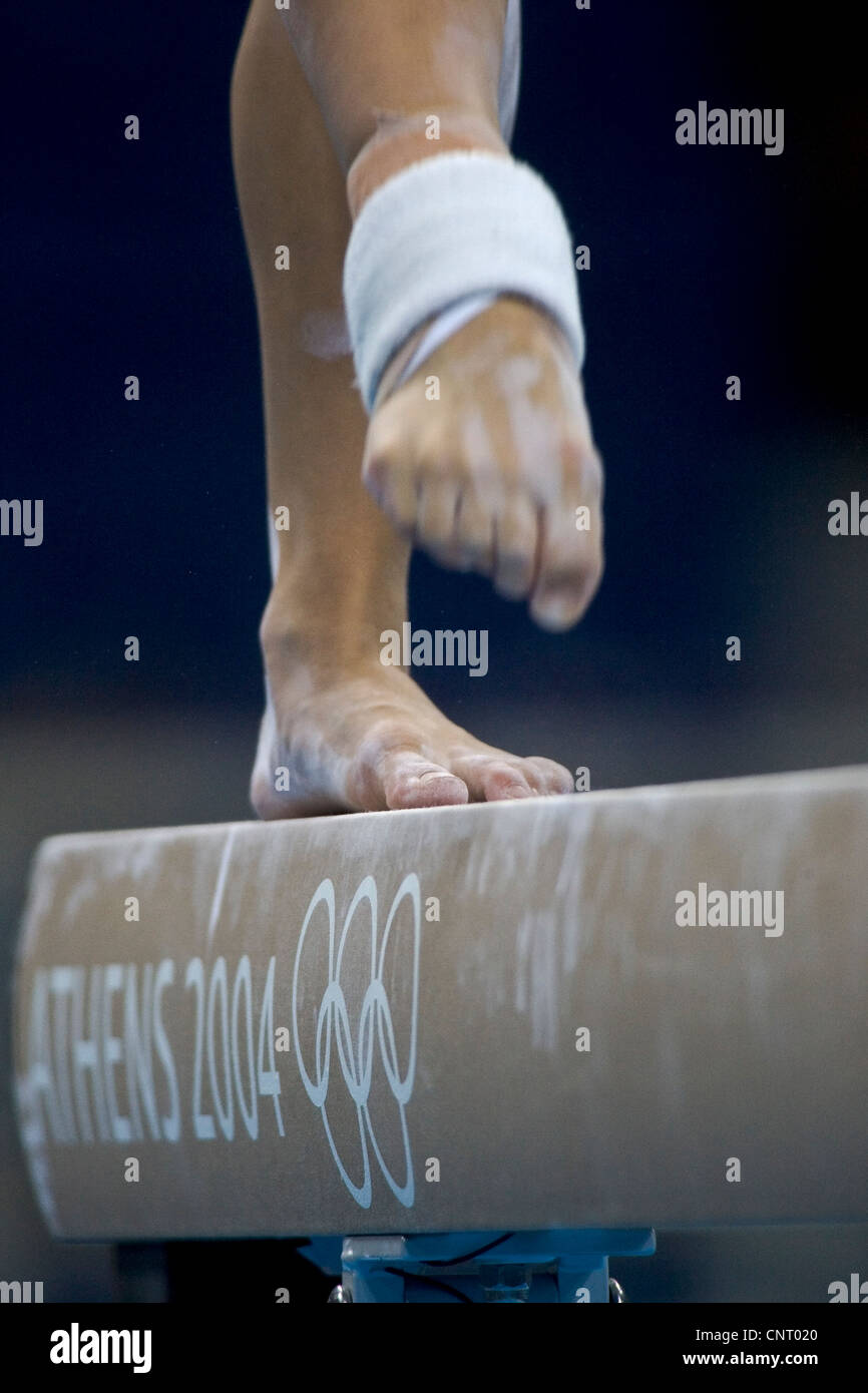 GYMNASTICS Detail of women's feet on the balance beam. 2004 Olympic Summer Games, Athens, Greece