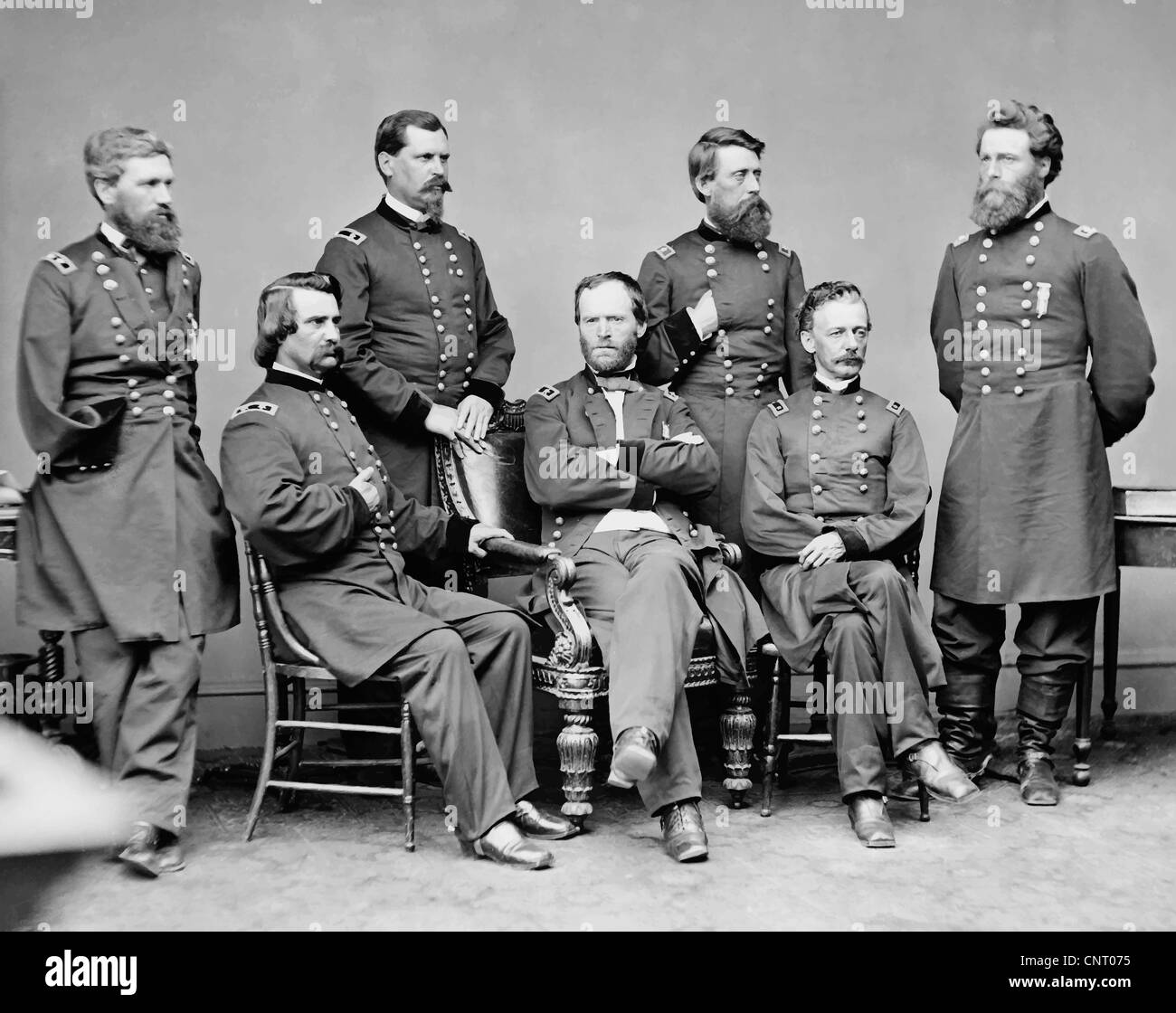 Digitally restored vector photo of General William Tecumseh Sherman and his staff. Stock Photo