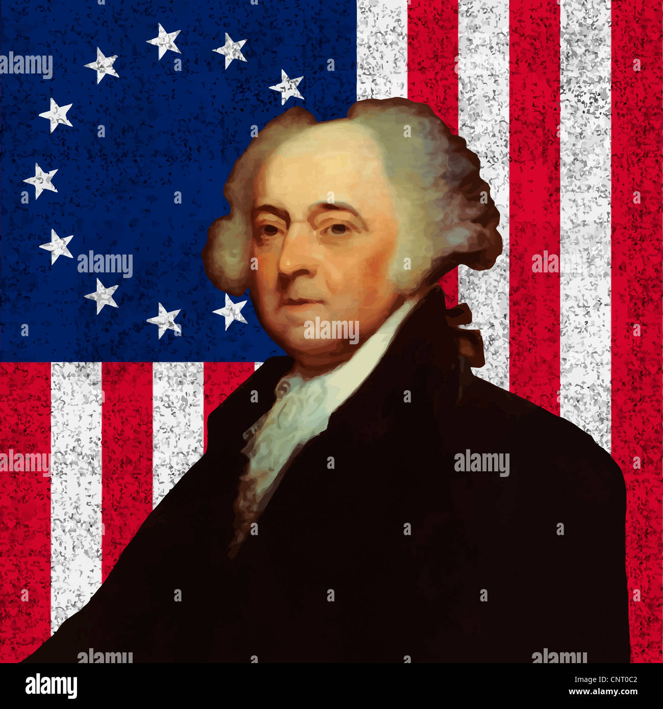 Digitally restored vector portrait of John Adams against the American Flag. Stock Photo
