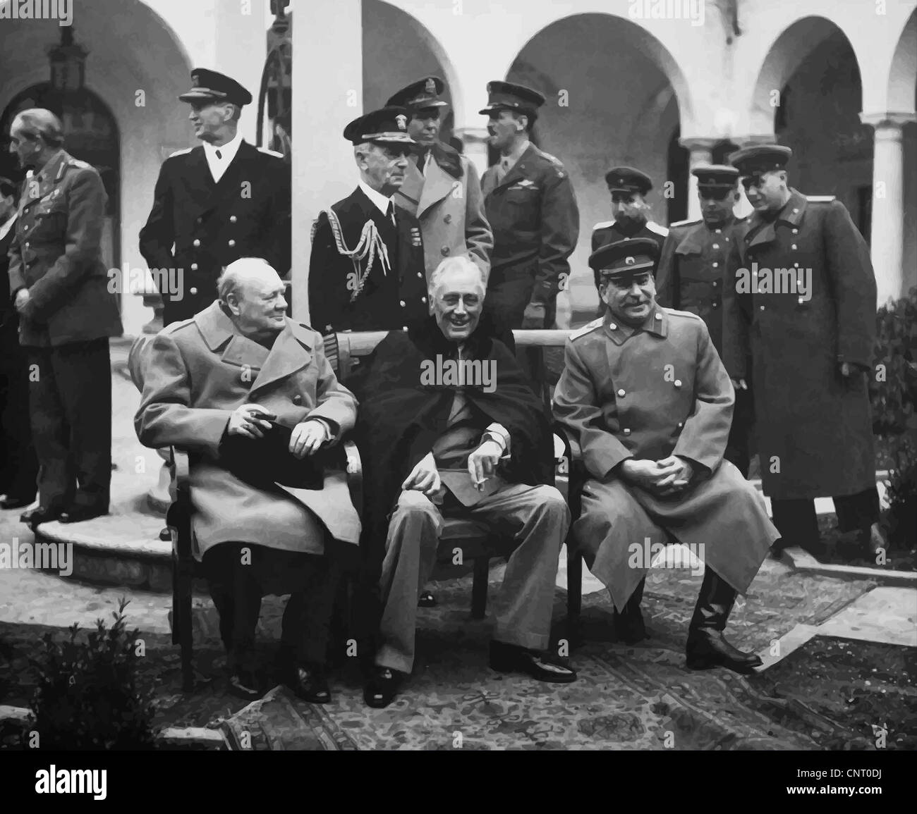 Digitally restored photo of Winston Churchill, Franklin Roosevelt, and Joseph Stalin meeting at The Yalta Conference. Stock Photo