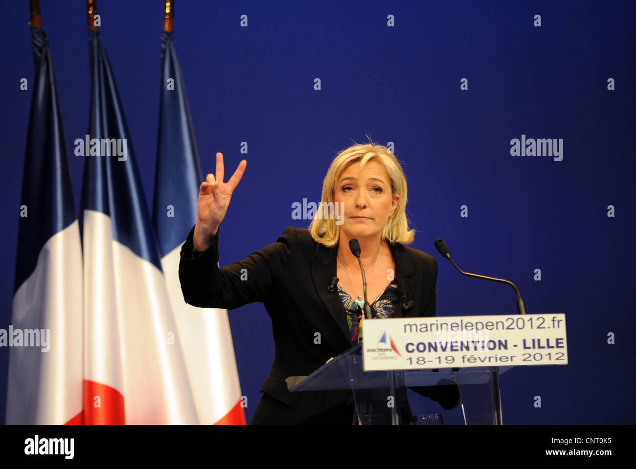 French far-right leader Marine Le Pen addresses her supporters during a meeting of her National Front party during the French presidential election campaign. Stock Photo