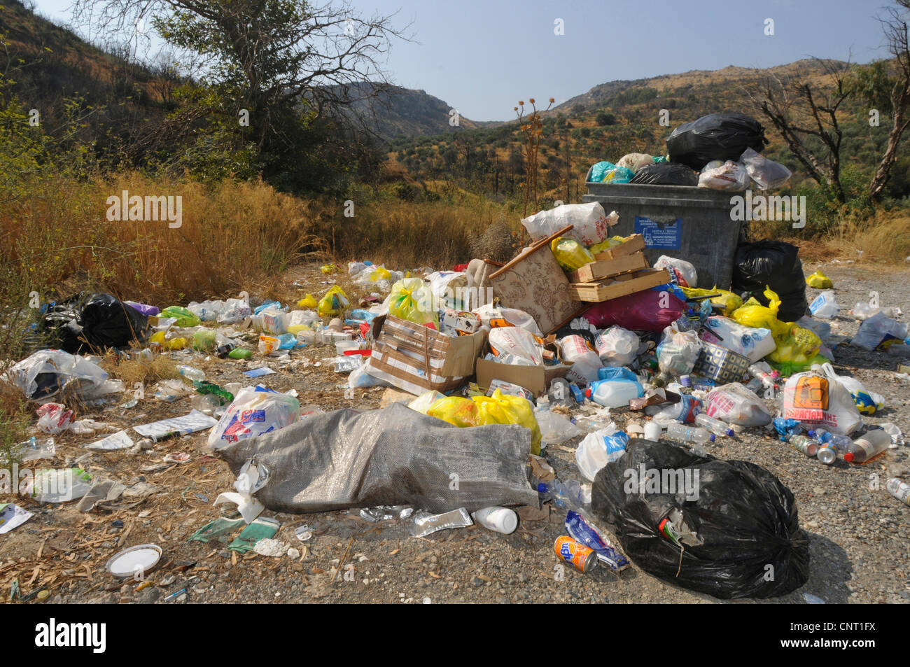 garbage in a Greek landscape, Greece, Peloponnes, Mani, Gythio Stock