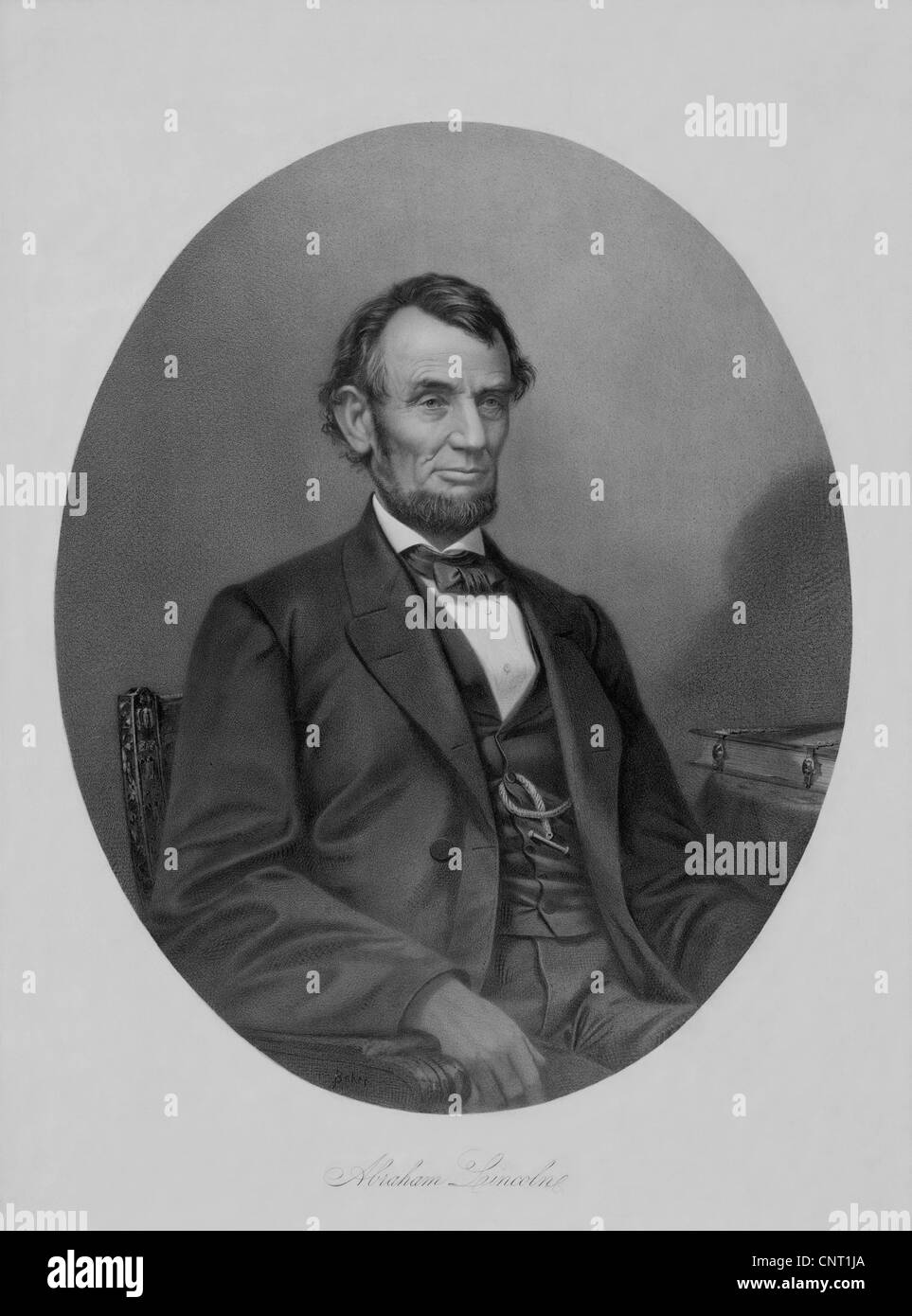 Digitally restored Civil War artwork of President Abraham Lincoln sitting in a chair. Stock Photo