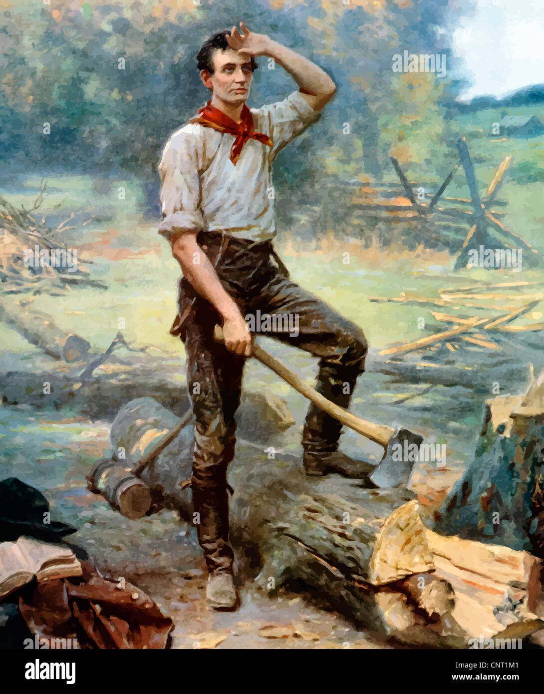 Digitally restored vector painting of a young Abraham Lincoln, The Rail Splitter, chopping wood. Stock Photo