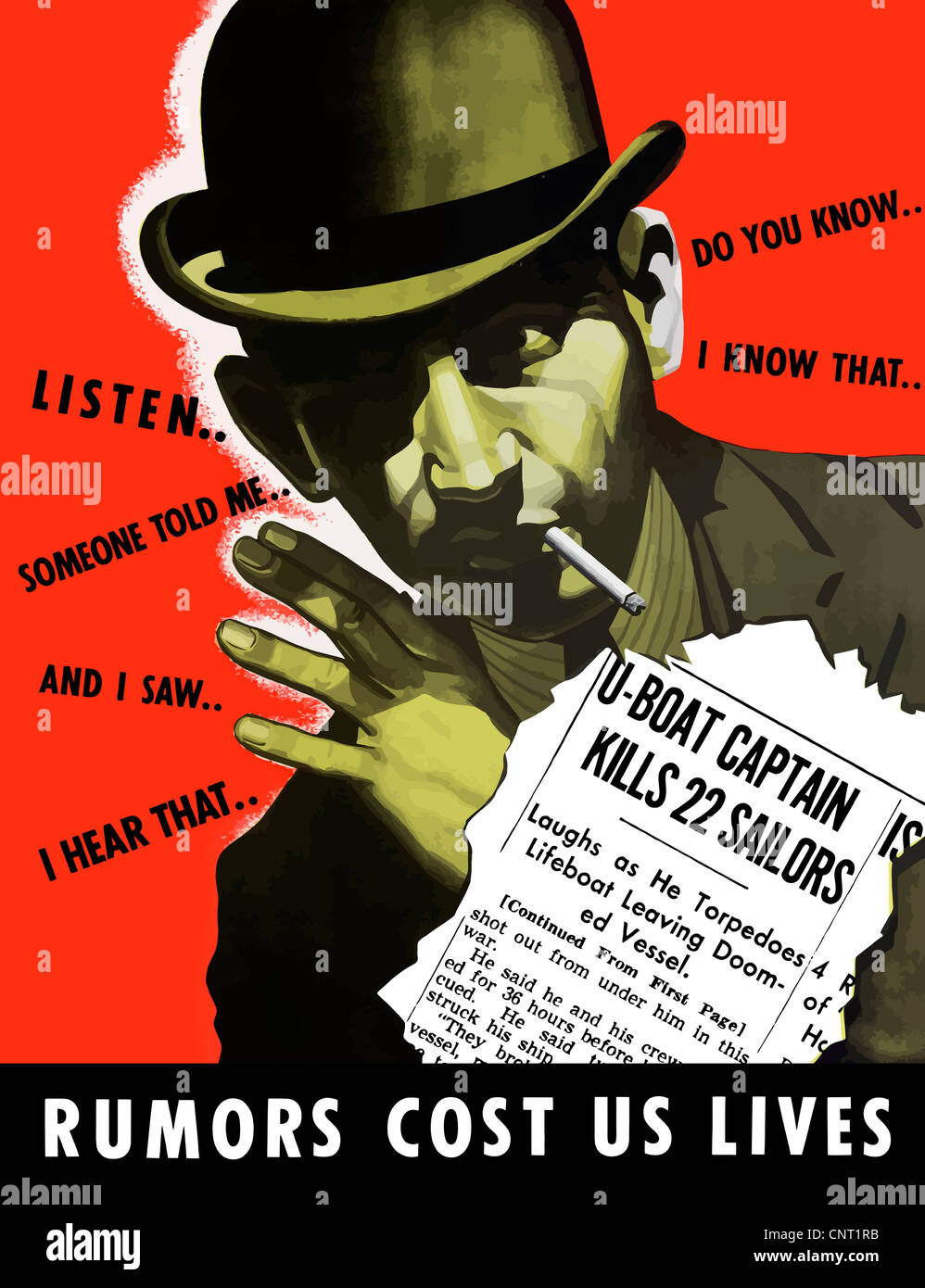 This vintage World War II poster features a shady looking man in a hat, smoking a cigarette, listening for gossip. Stock Photo