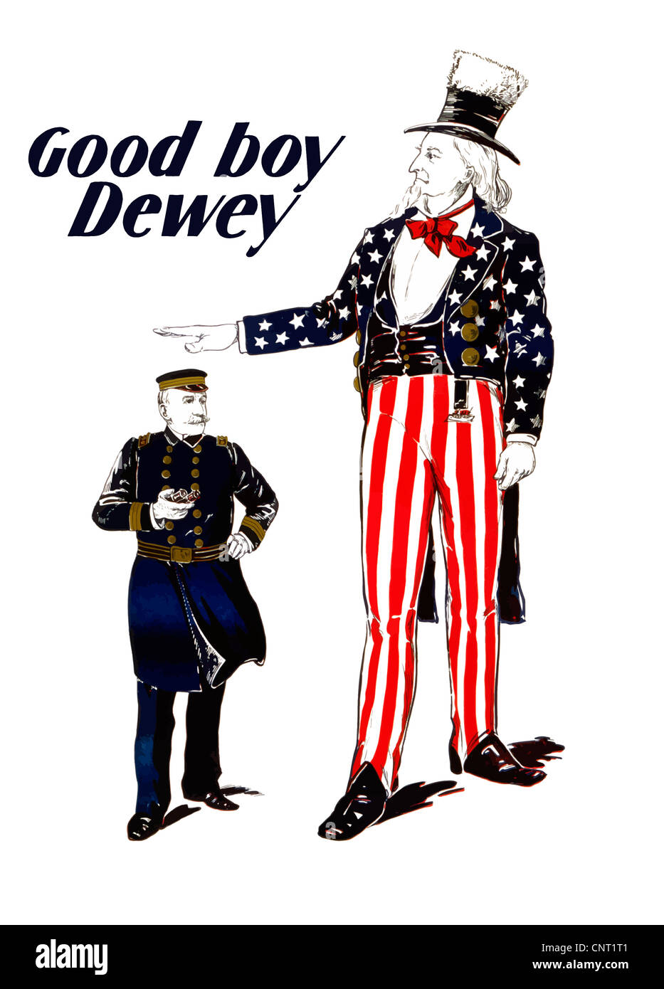This vintage American history poster features a giant Uncle Sam patting Admiral George Dewey on the head. Stock Photo