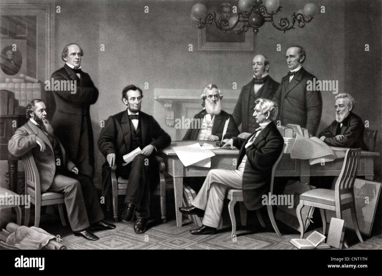 Digitally restored picture of President Lincoln reading the Emancipation Proclamation to his cabinet. Stock Photo