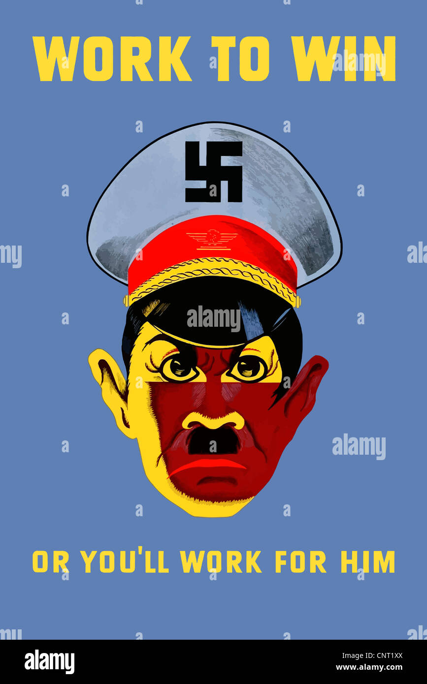 This vintage World War II poster features a cartoon Adolf Hitler. Stock Photo