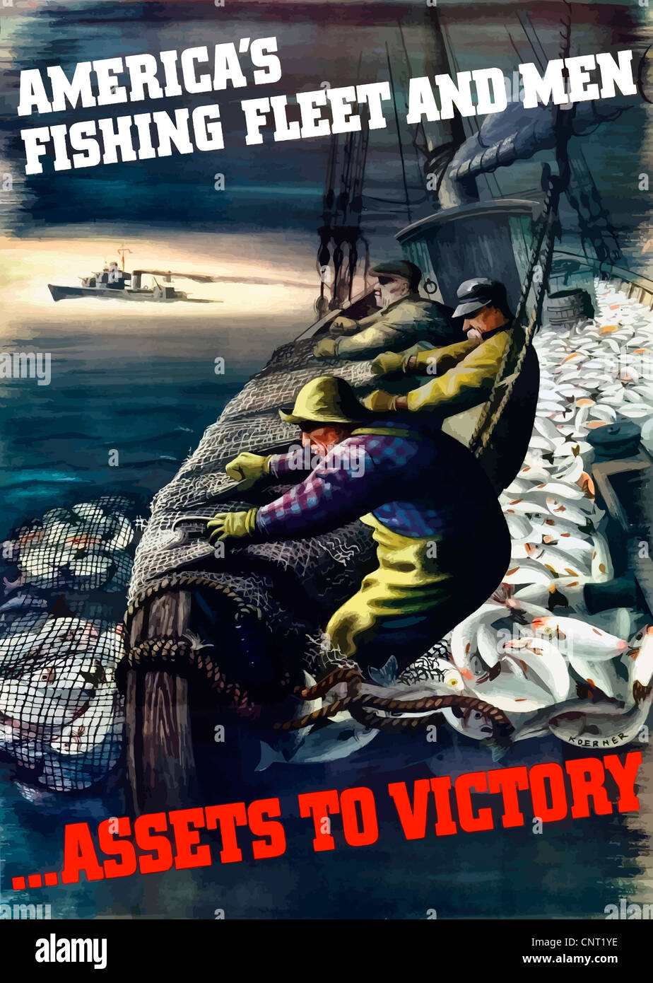 This vintage World War II poster features men on a commercial fishing vessel hauling in a net filled with fish. Stock Photo