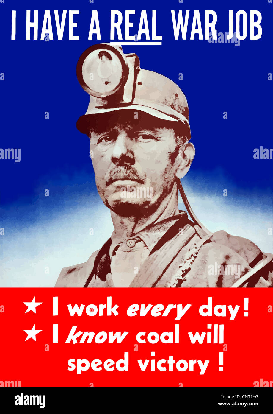 This vintage World War II poster features a proud coal miner and a red, white, and blue background. Stock Photo