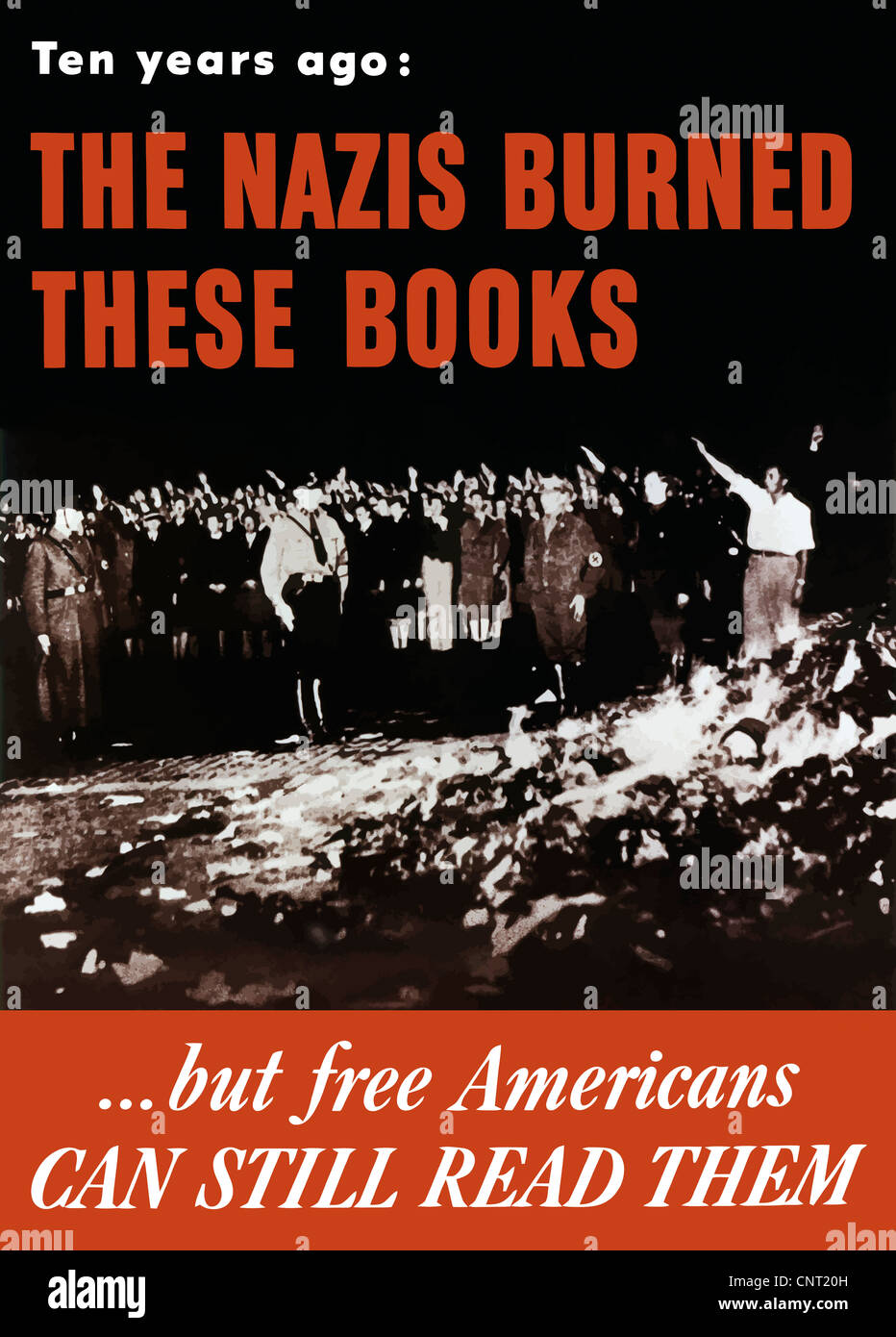 This vintage World War II poster features Nazis at a book burning. Stock Photo