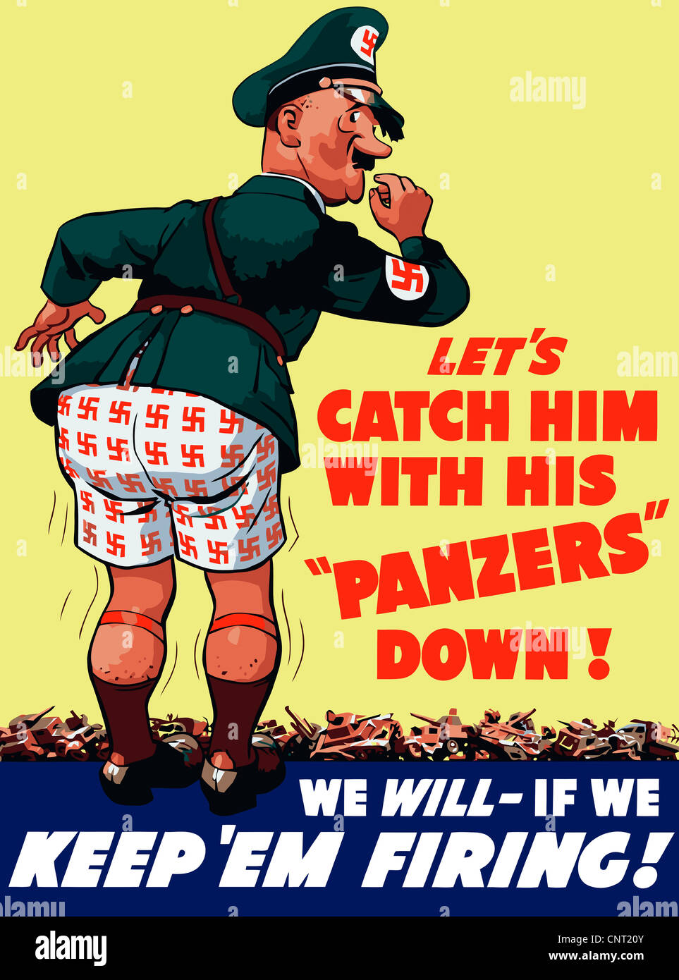Vintage World War II poster of a cartoon Adolf Hitler with his