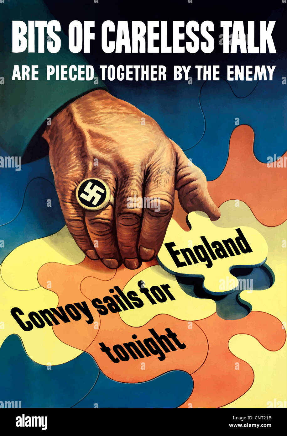 This vintage World War II poster features the hand of the enemy wearing a swastika ring as it pieces together a puzzle. Stock Photo
