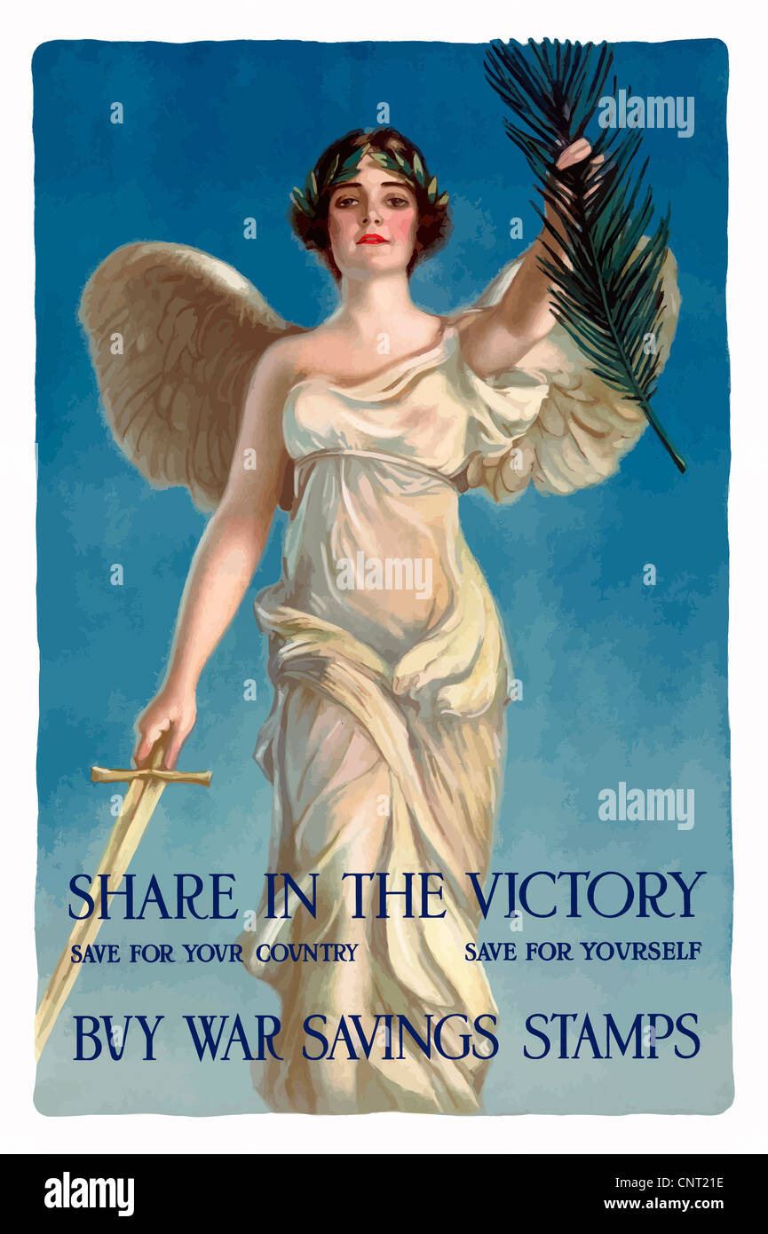 This vintage World War One poster features Lady Liberty holding a sword and an olive branch. Stock Photo