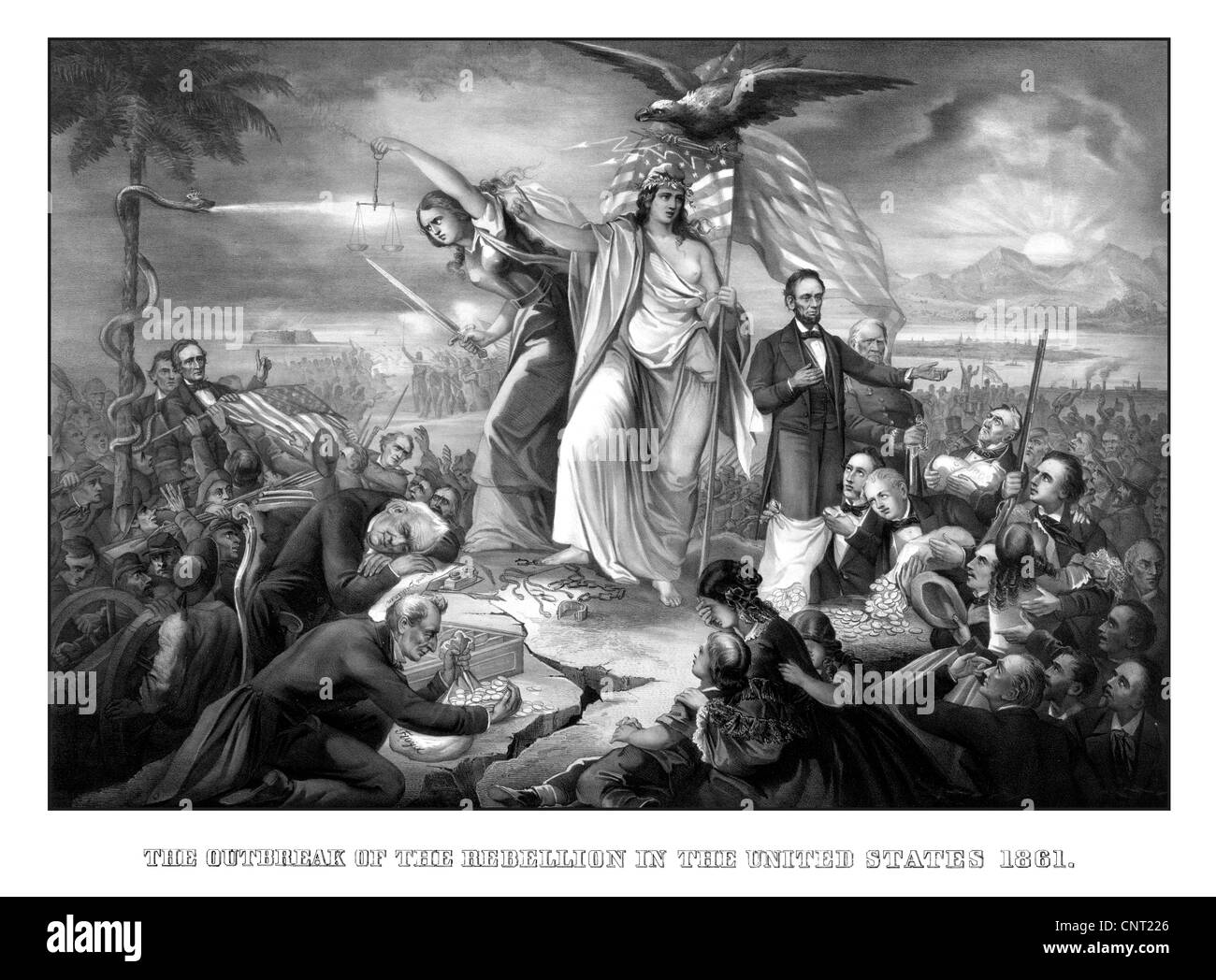 Digitally restored vintage Civil War print of Lady Liberty, The American Flag, a Bald Eagle, and Abraham Lincoln. Stock Photo