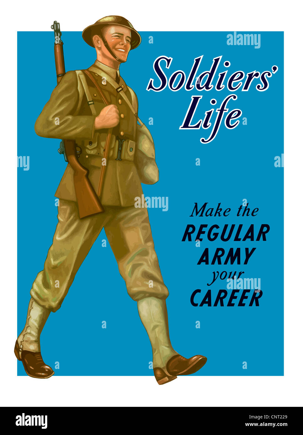 This vintage World War II poster features a smiling soldier marching along with his rifle. Stock Photo