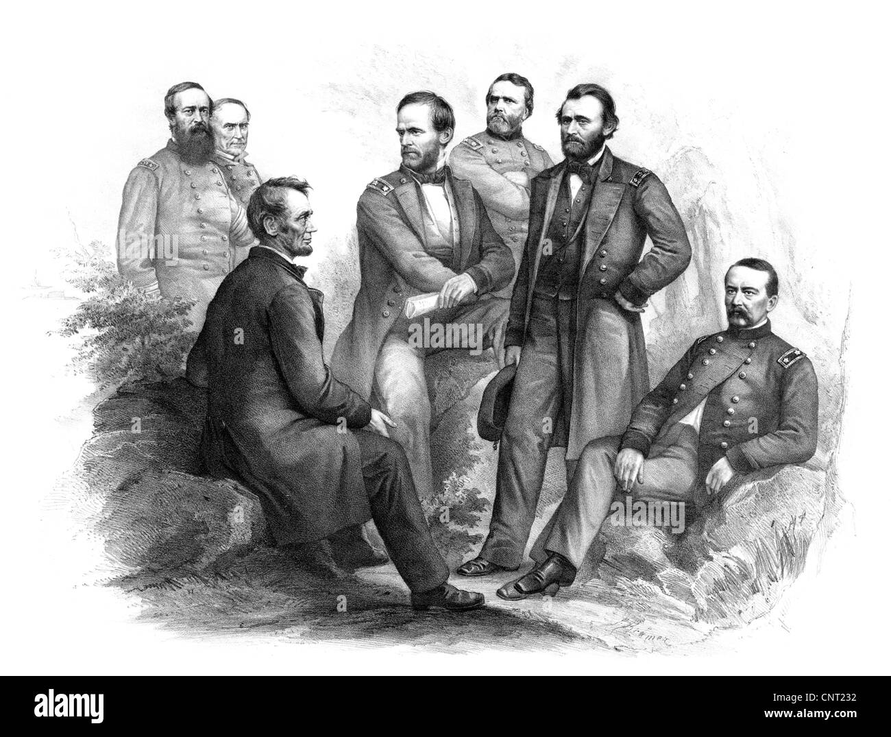 Digitally restored vintage Civil War artwork of Abraham Lincoln and his commanders. Stock Photo