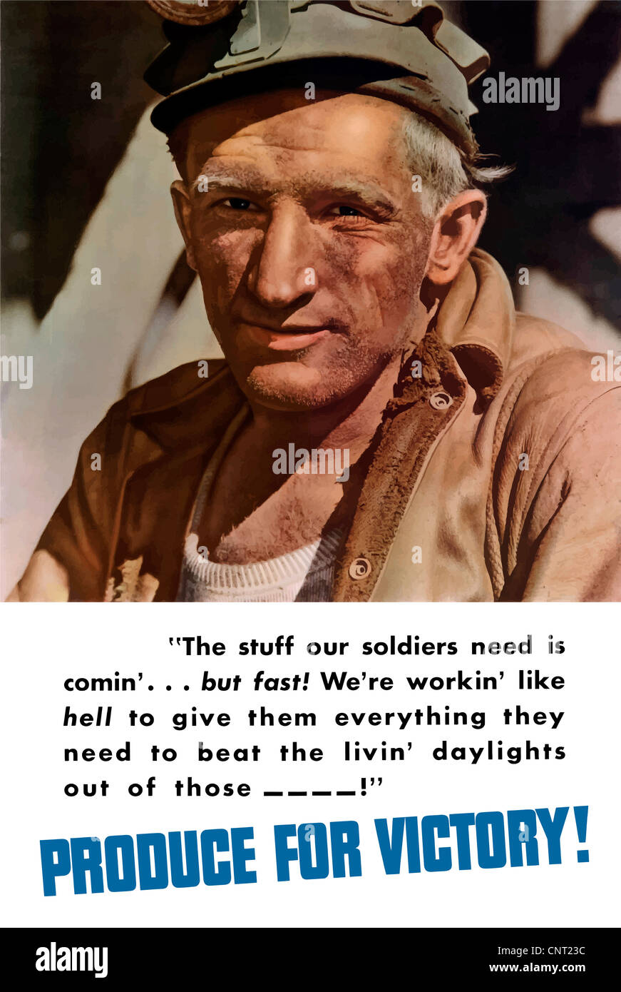 This vintage World War II poster features a coal miner. Stock Photo